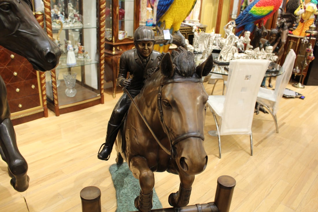 Jockey and Horse Jump a Fence Bronze Statue - Size: 60"L x 30"W x 51"H. - 5