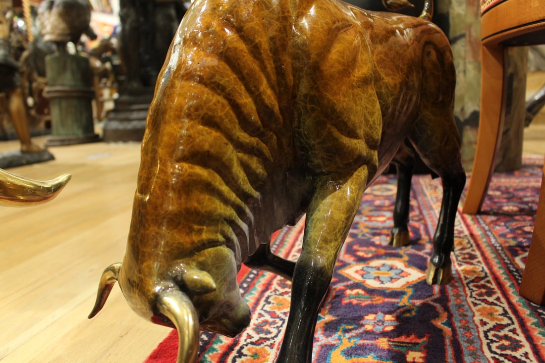 Bull Heads Down Small Bronze Statue - Size: 24"L x 6"W x 16"H. - 10