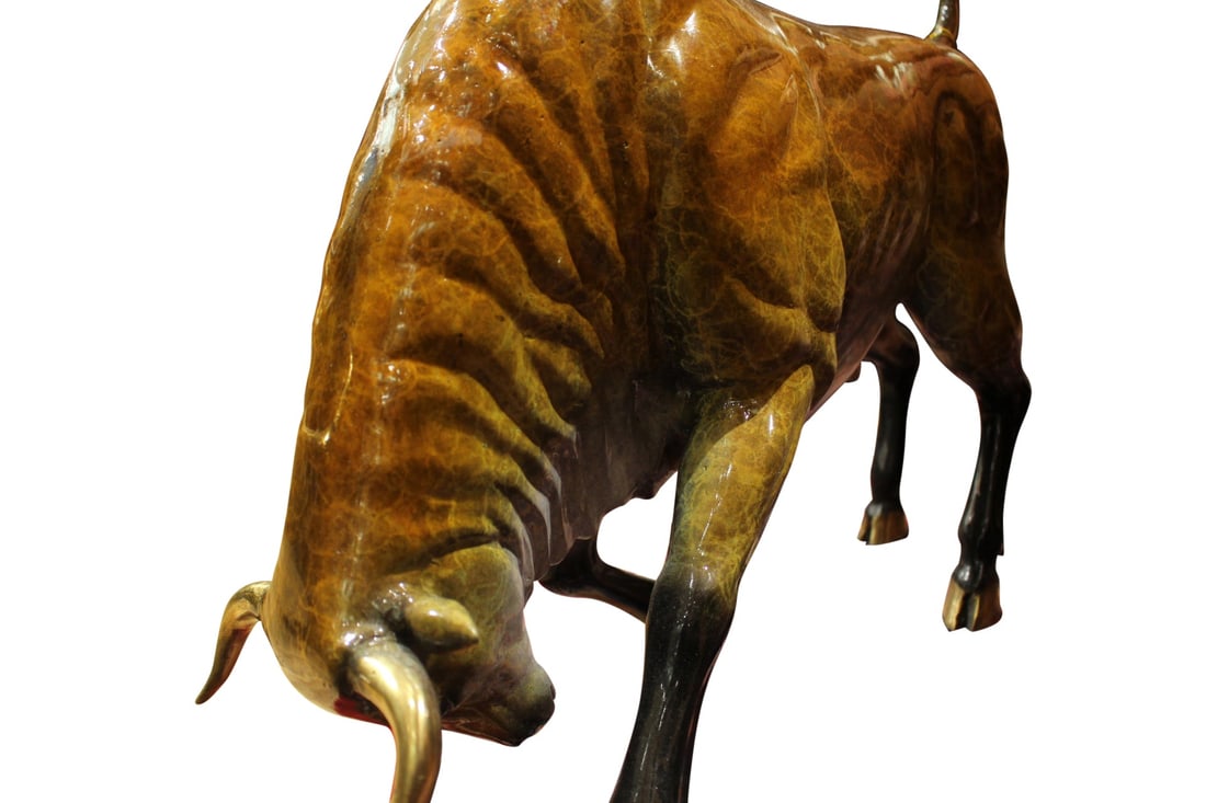 Bull Heads Down Small Bronze Statue - Size: 24"L x 6"W x 16"H. - 2