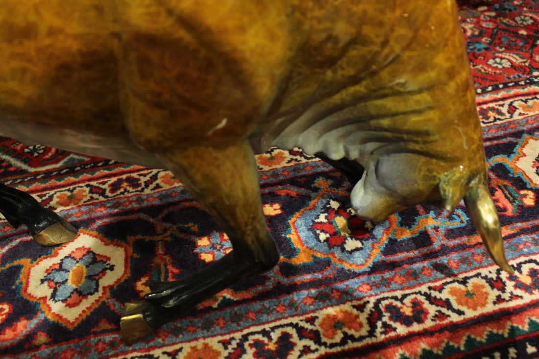 Bull Heads Down Small Bronze Statue - Size: 24"L x 6"W x 16"H. - 6