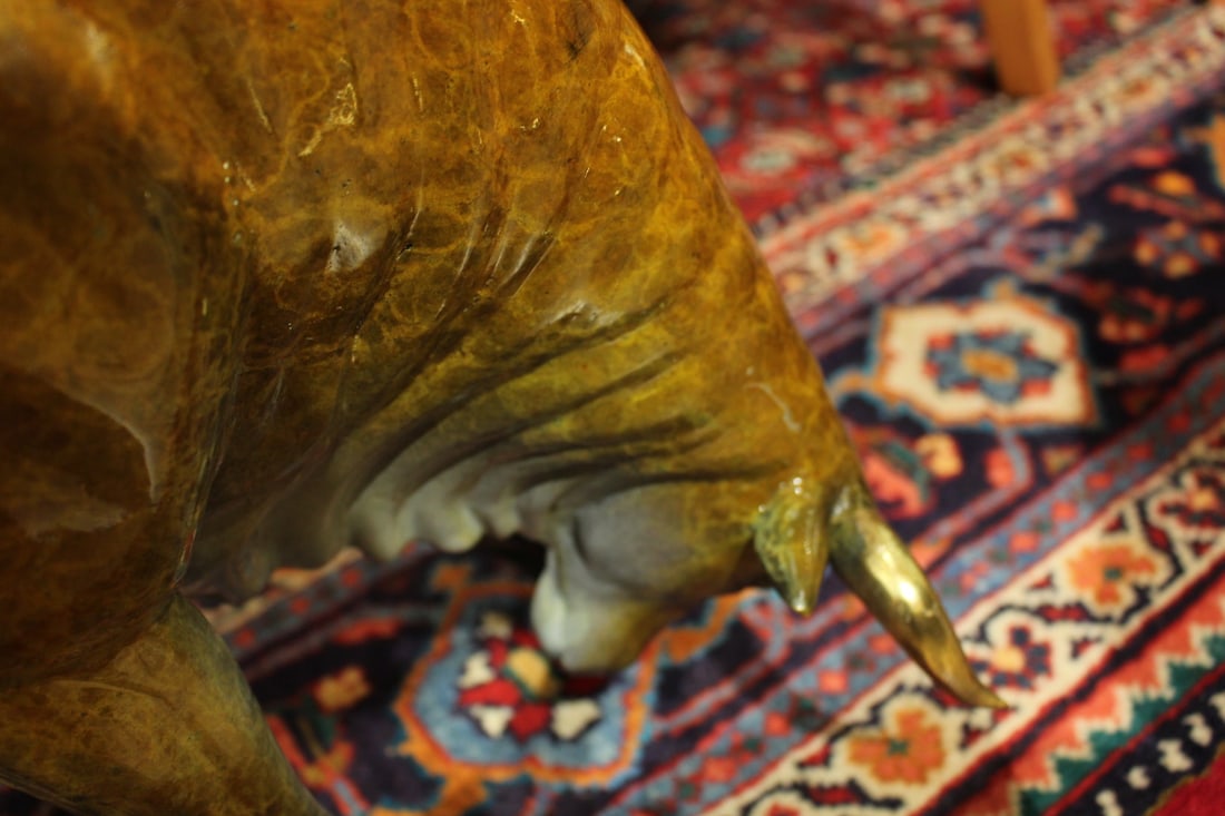 Bull Heads Down Small Bronze Statue - Size: 24"L x 6"W x 16"H. - 7