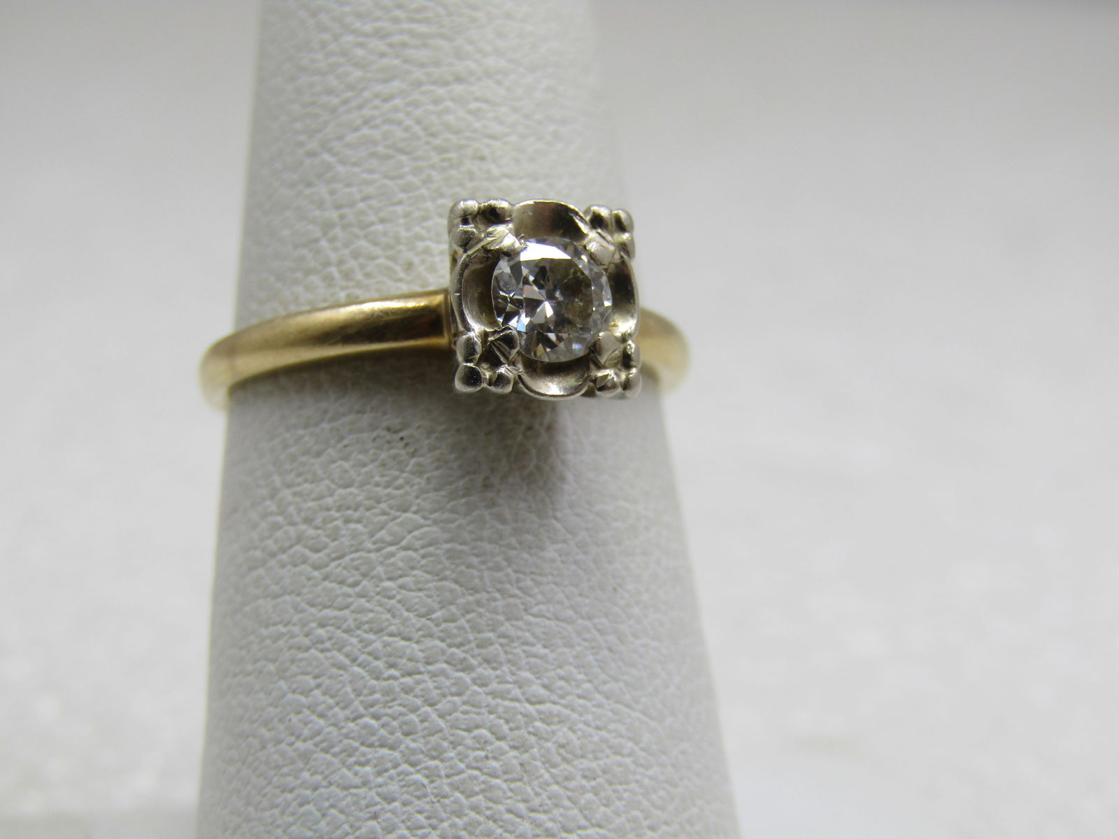 Vintage 14kt .35 CTW Diamond Engagement Ring, Illusion, Sz. 6.75 Signed: Vintage 14kt .35 CTW Diamond Engagement Ring, Illusion, Sz. 6.75. Two-Toned. Signed with a mark with the first two letters being KE and then possible one letter or an elongated letter - cannot be