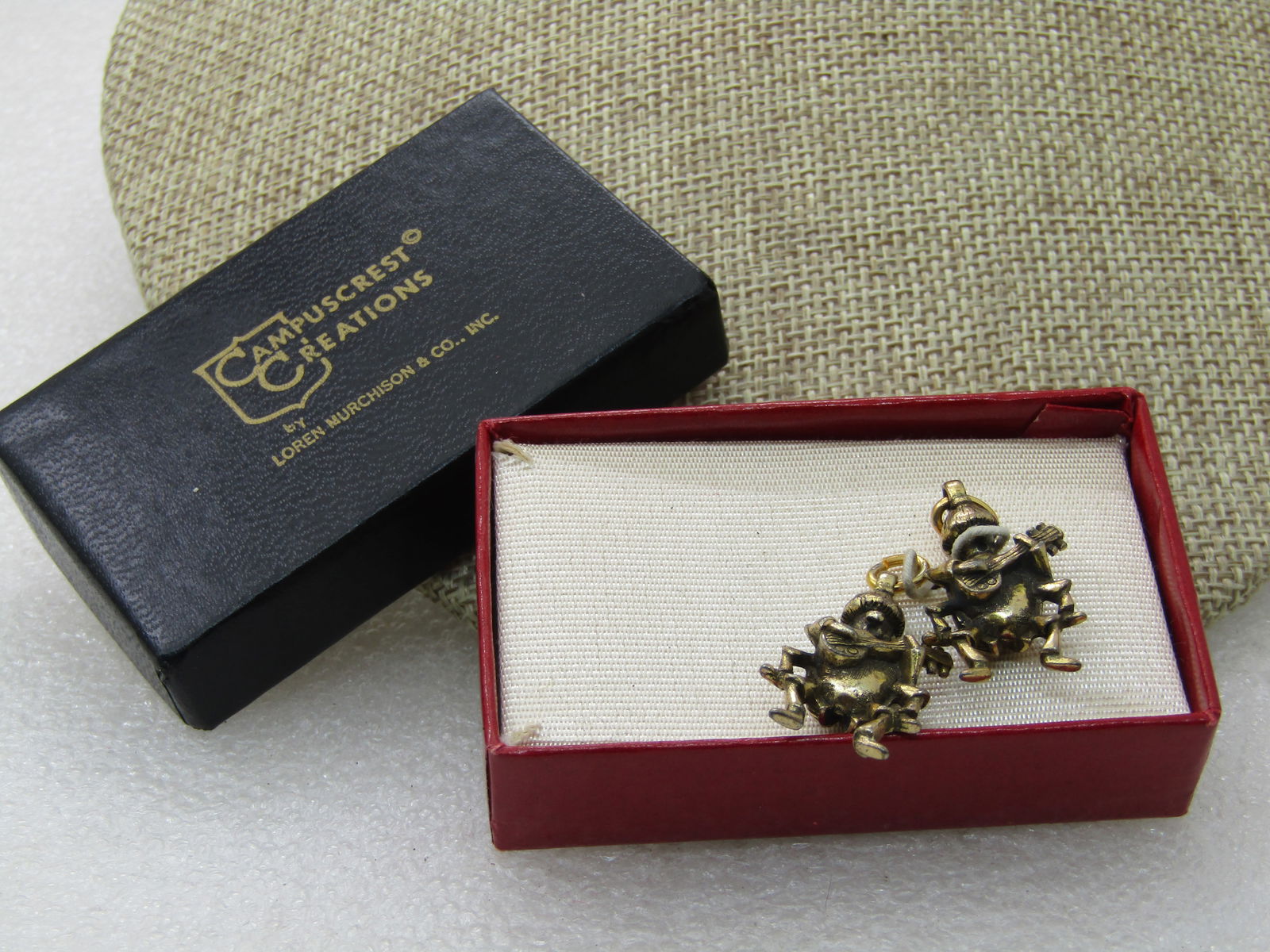 Pair Sterling Musician Beetle Charms or Pendants, Mid-Century, Goldwashed,: Pair Sterling Musician Beetle Charms or Pendants, Mid-Century, Goldwashed, Appx. 7.8 grams. 1" tall and slightly over 1/2" wide. Strumming a guitar. They are not signed but are in a box marked