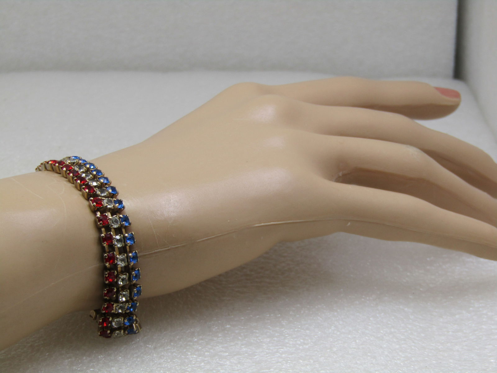 Vintage Red, White, Blue Rhinestone Bracelet, 7" - 6