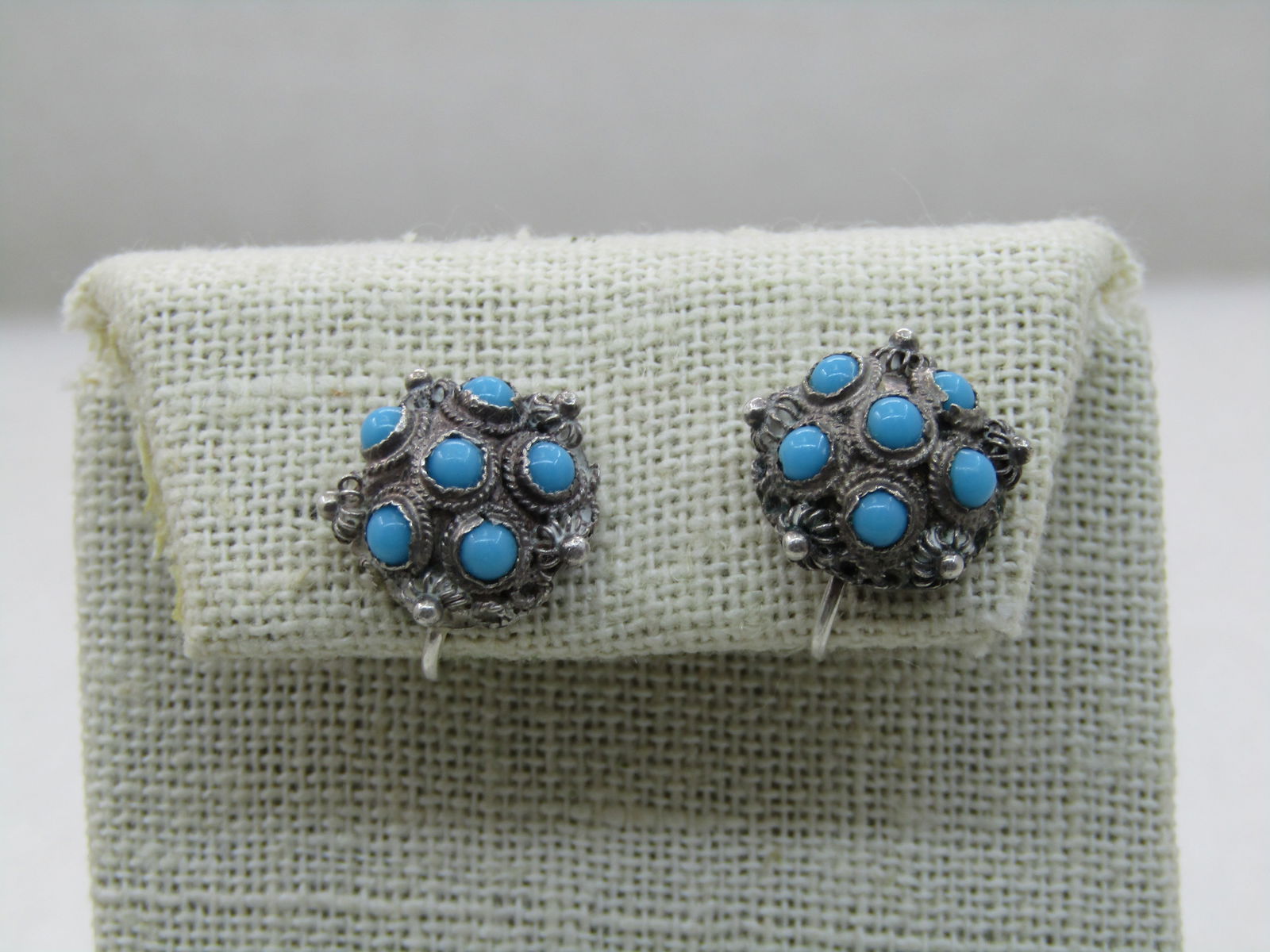Vintage .835 Silver Turquoise Glass Earrings, Screw Back, Bali/Ethnic Themed - 3
