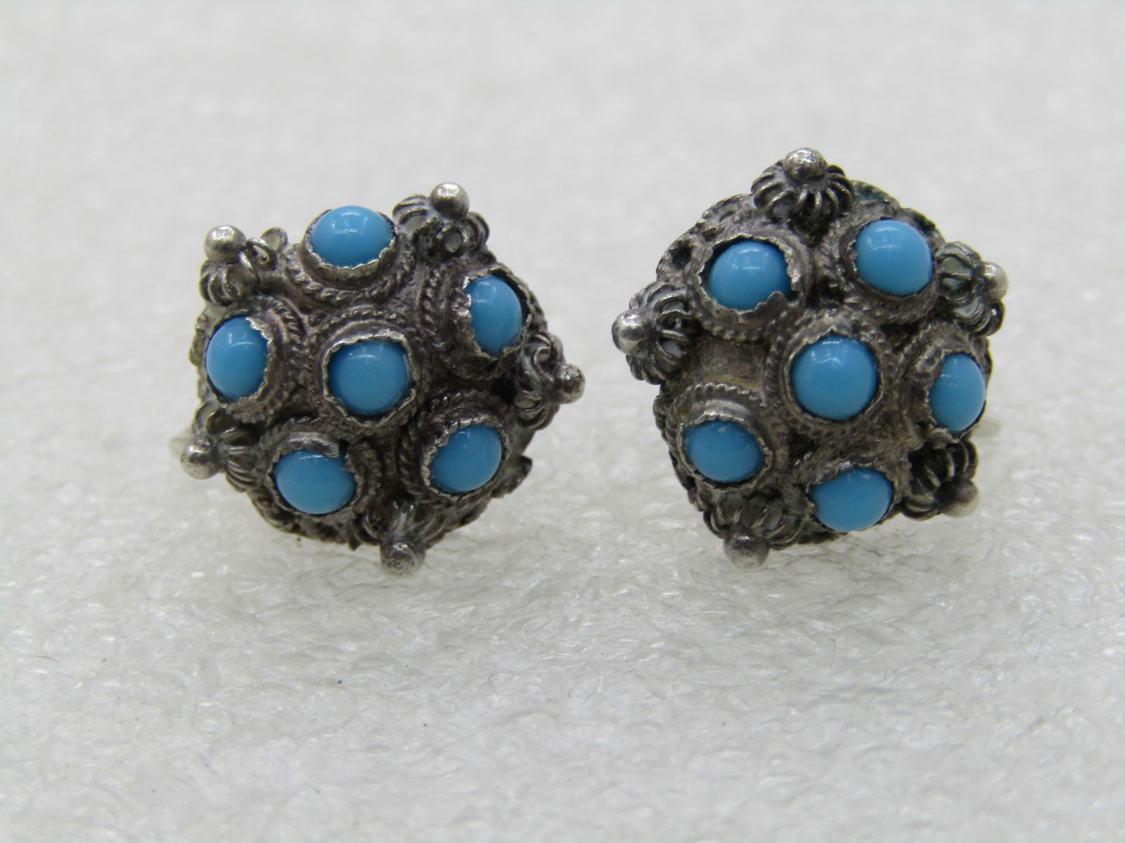 Vintage .835 Silver Turquoise Glass Earrings, Screw Back, Bali/Ethnic Themed - 5