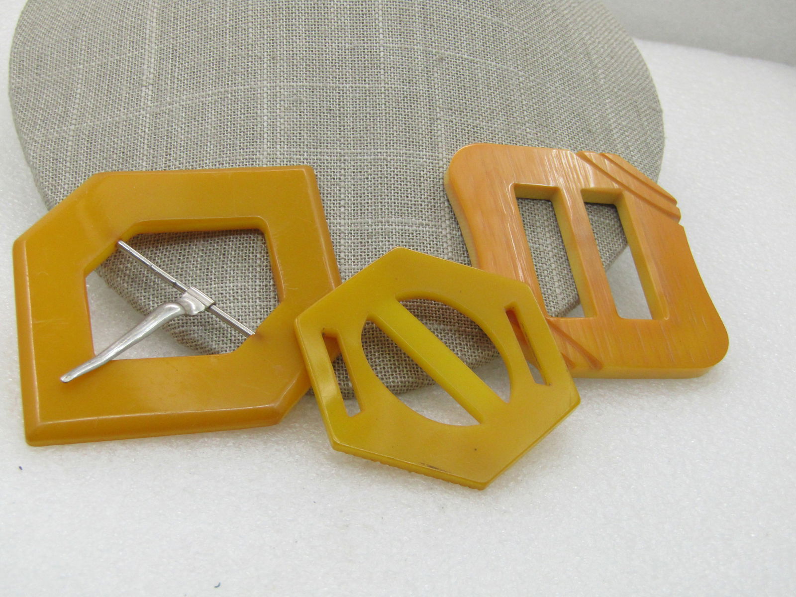 Vintage Bakelite Buckle Lot, 2 Butterscoth, 1 Non Bakelite, 1940's (1 of 8)
