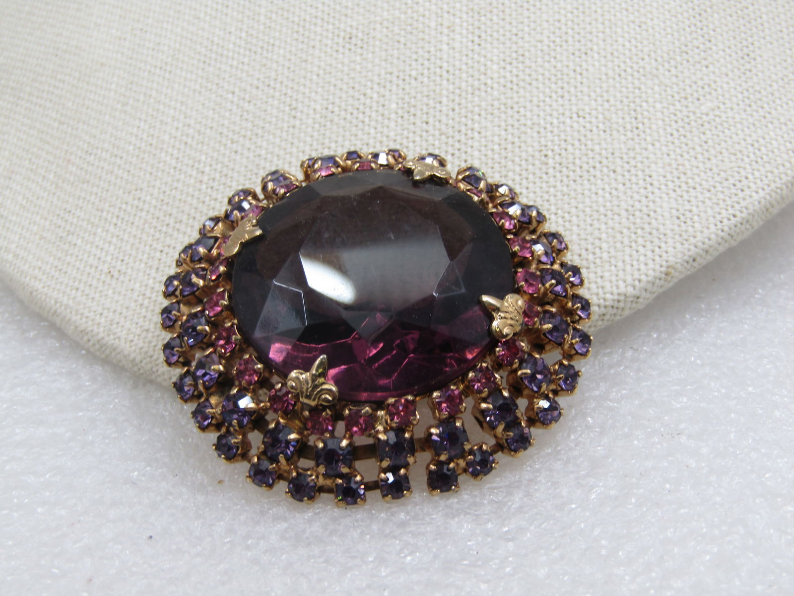 Vintage Purple & Pink Rhinestone Tiered Brooch, Mid-Centry, 2" (1 of 6)