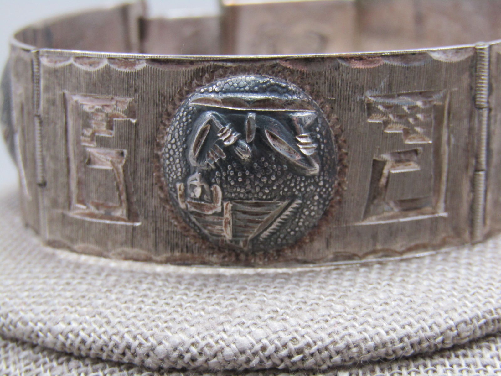 Vintage Sterling Mexican Pictorial Link Bracelet, 6.75" Signed - 2