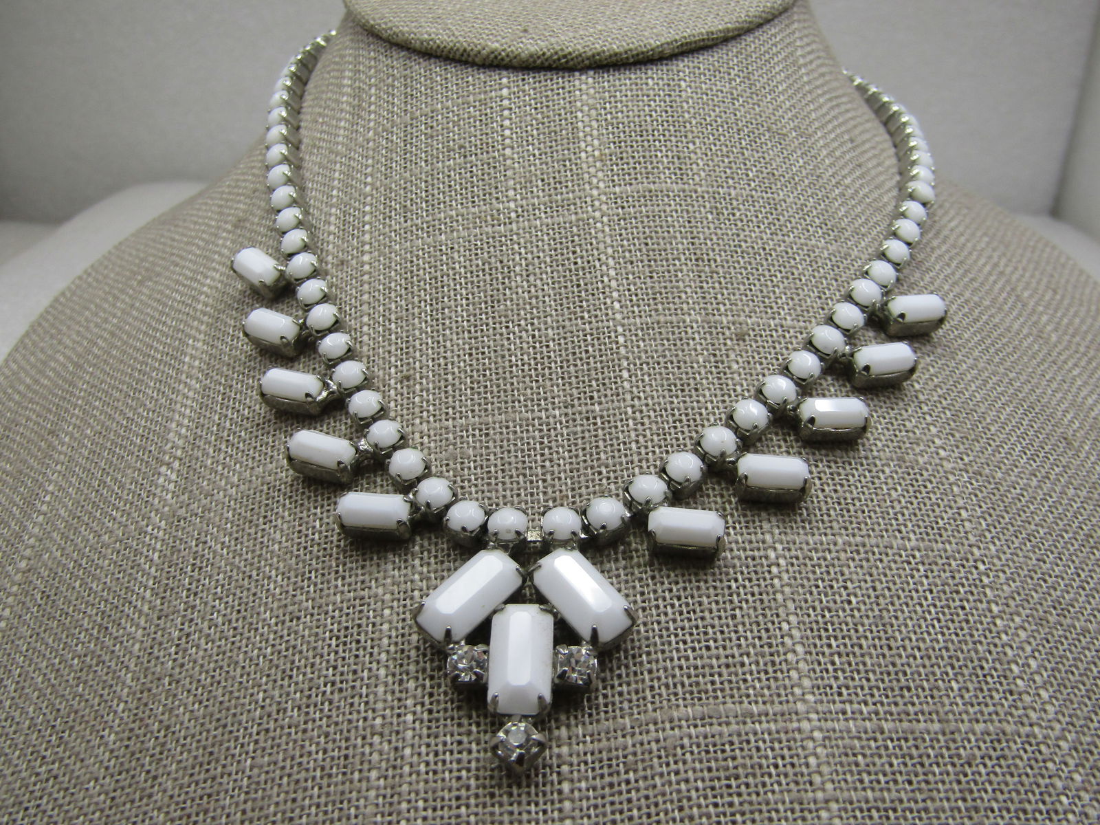Vintage White Milk Glass & Rhinestone Bib Necklace, 16" - 2