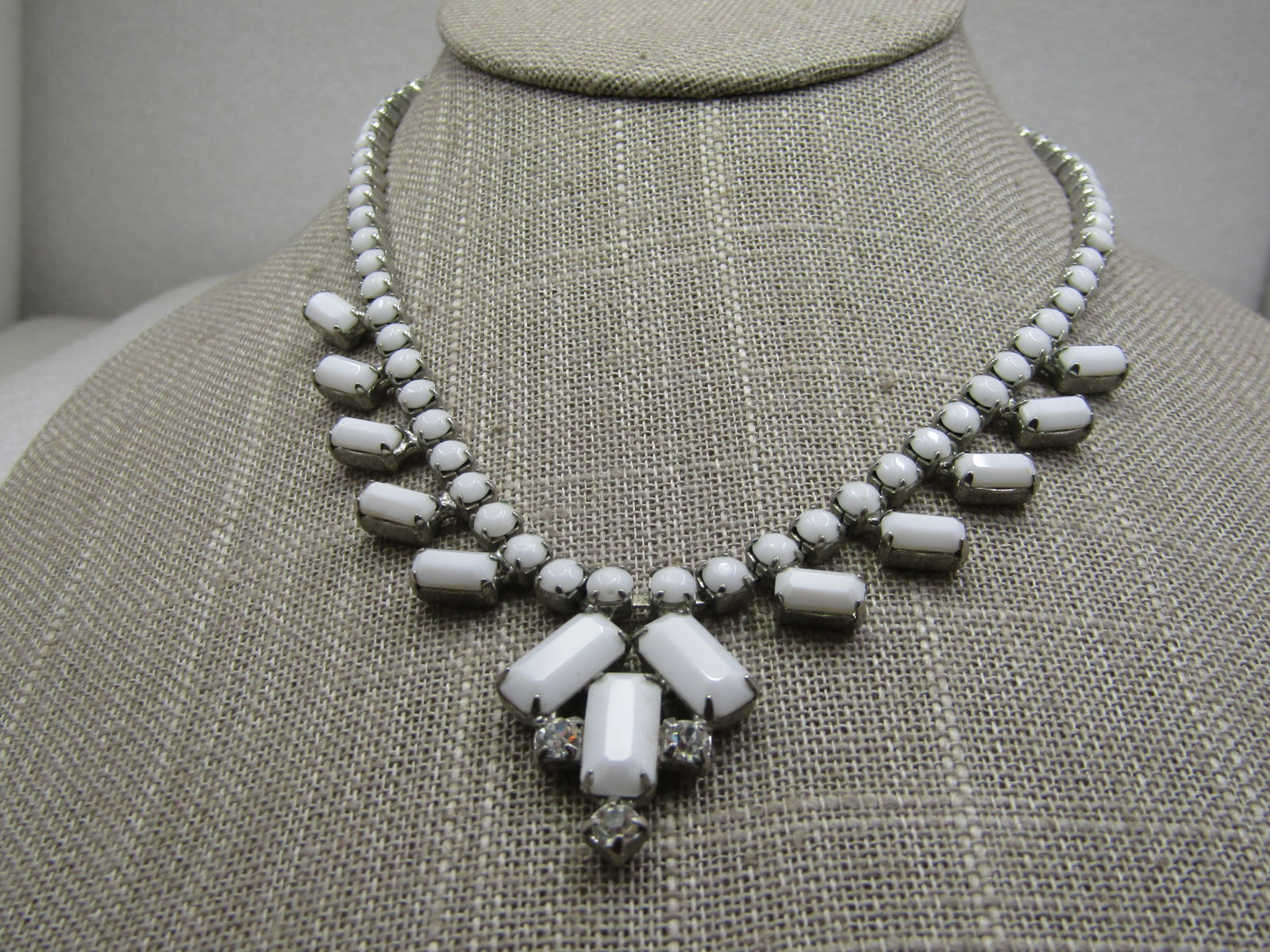 Vintage White Milk Glass & Rhinestone Bib Necklace, 16" - 3