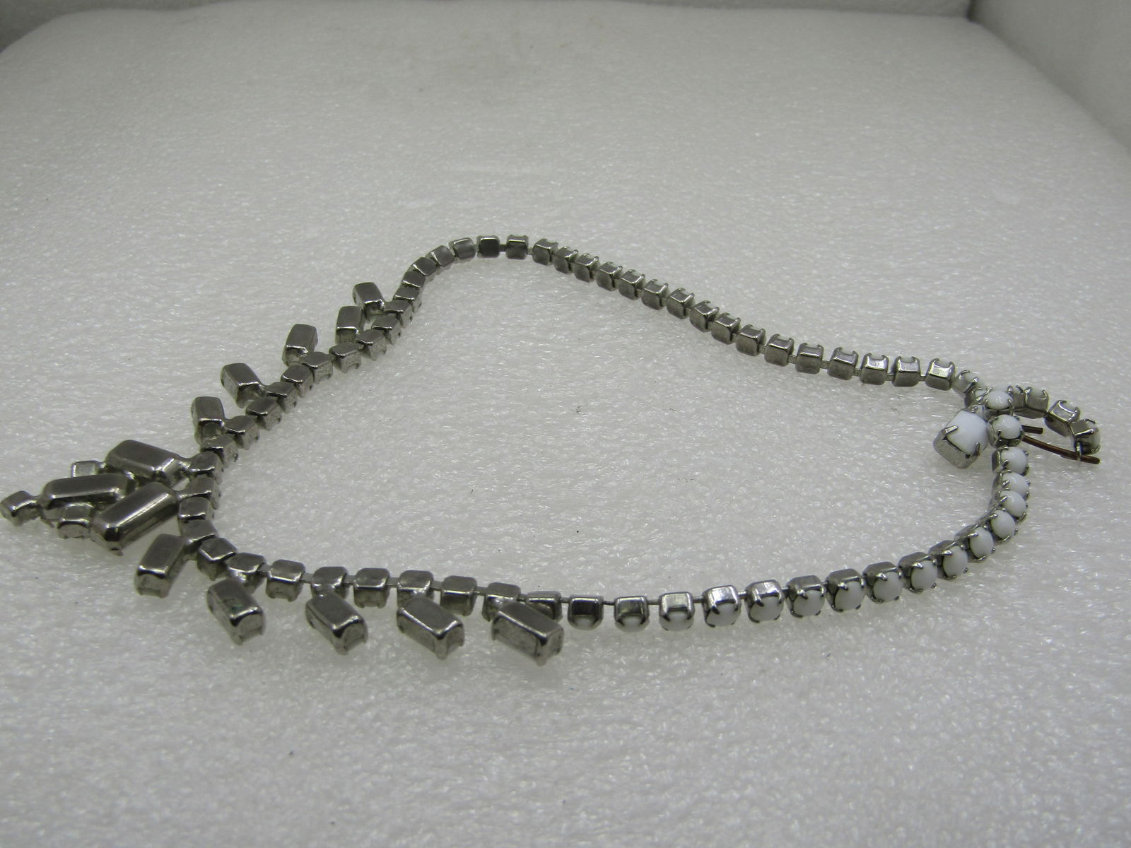 Vintage White Milk Glass & Rhinestone Bib Necklace, 16" - 4