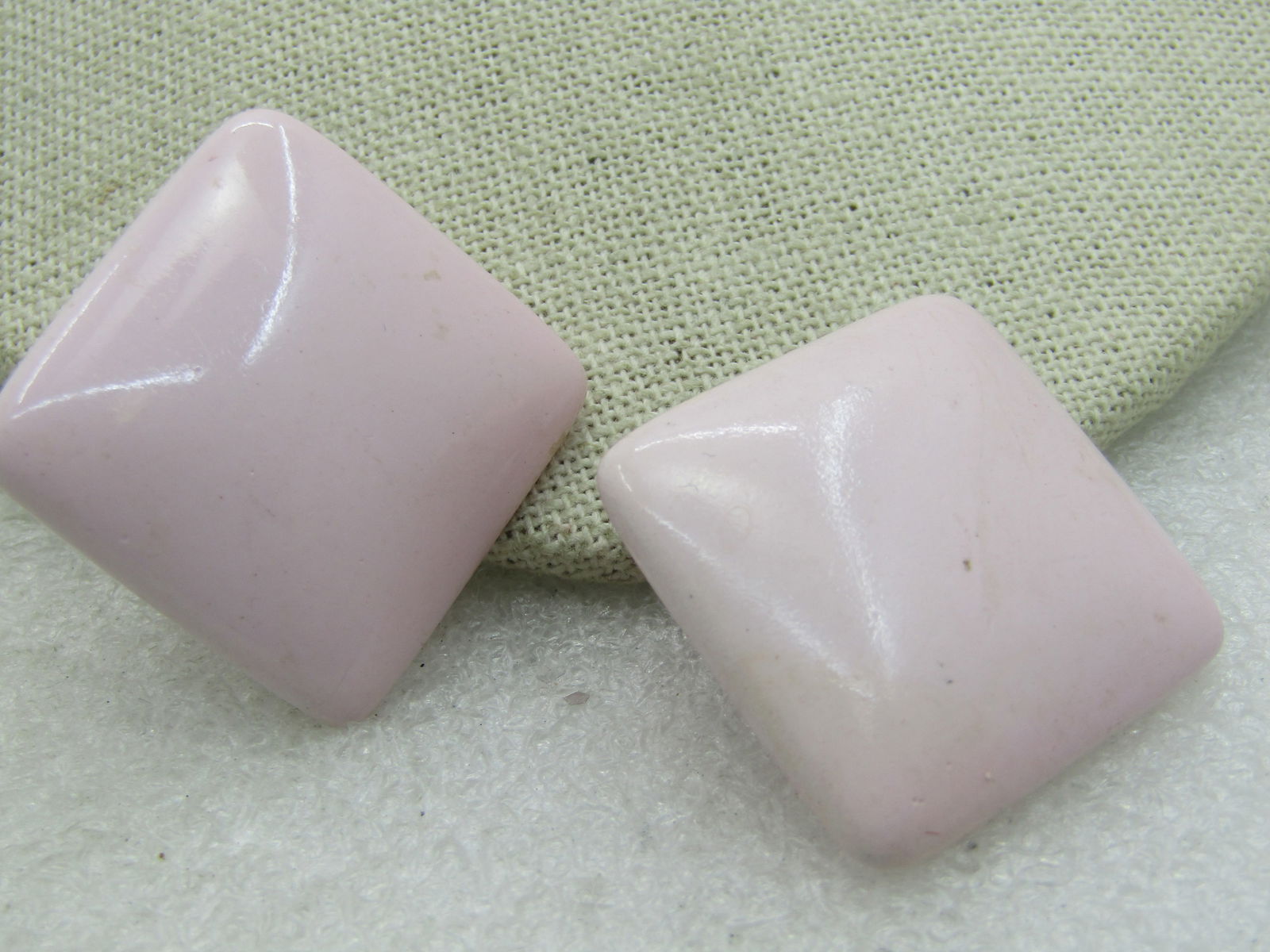 Vintage Pink 1-1/8" Square Clip Earrings, Mid-Century MOD (NL): Vintage Pink 1-1/8" Square Clip Earrings, Mid-Century MOD - pale pink and domed, one of the clips has been reglued on the back otherwise good condition. (INV. KW. SS1000 NL LD 4/2/20) Reserve: $20.00