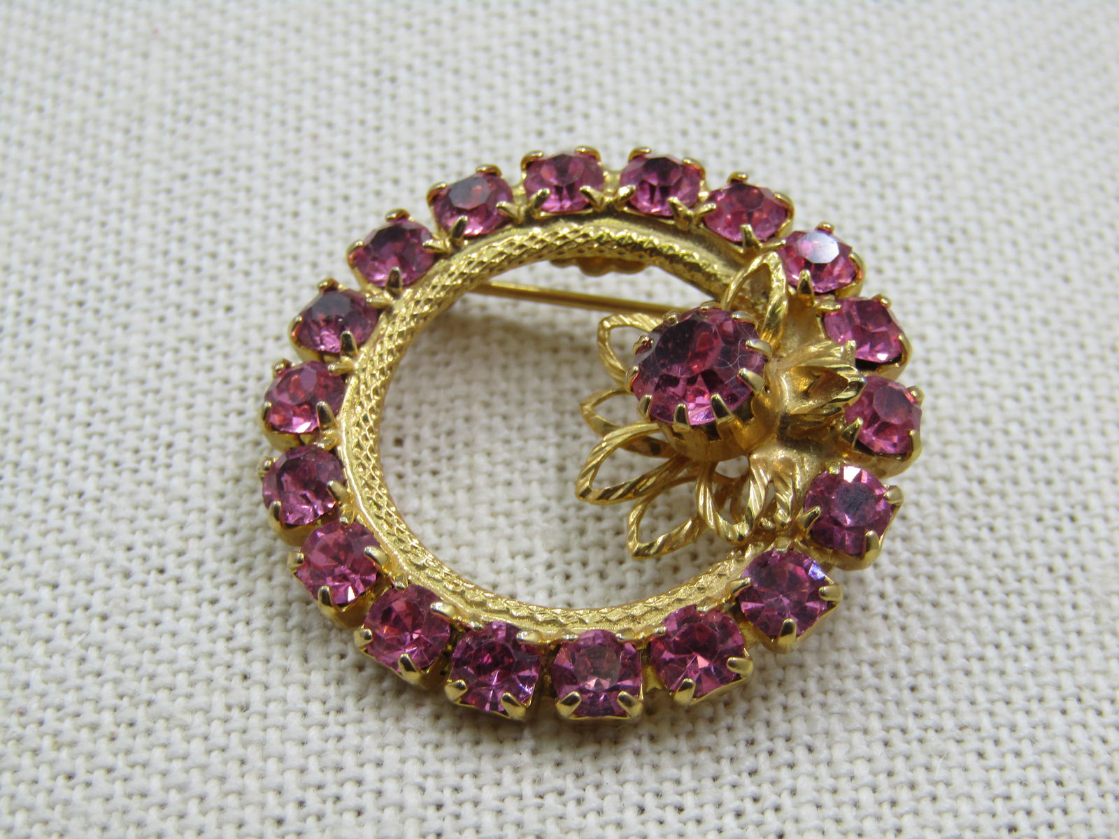 Vintage Pink Rhnestone Circle Brooch, 1970's, 1.25" - 2