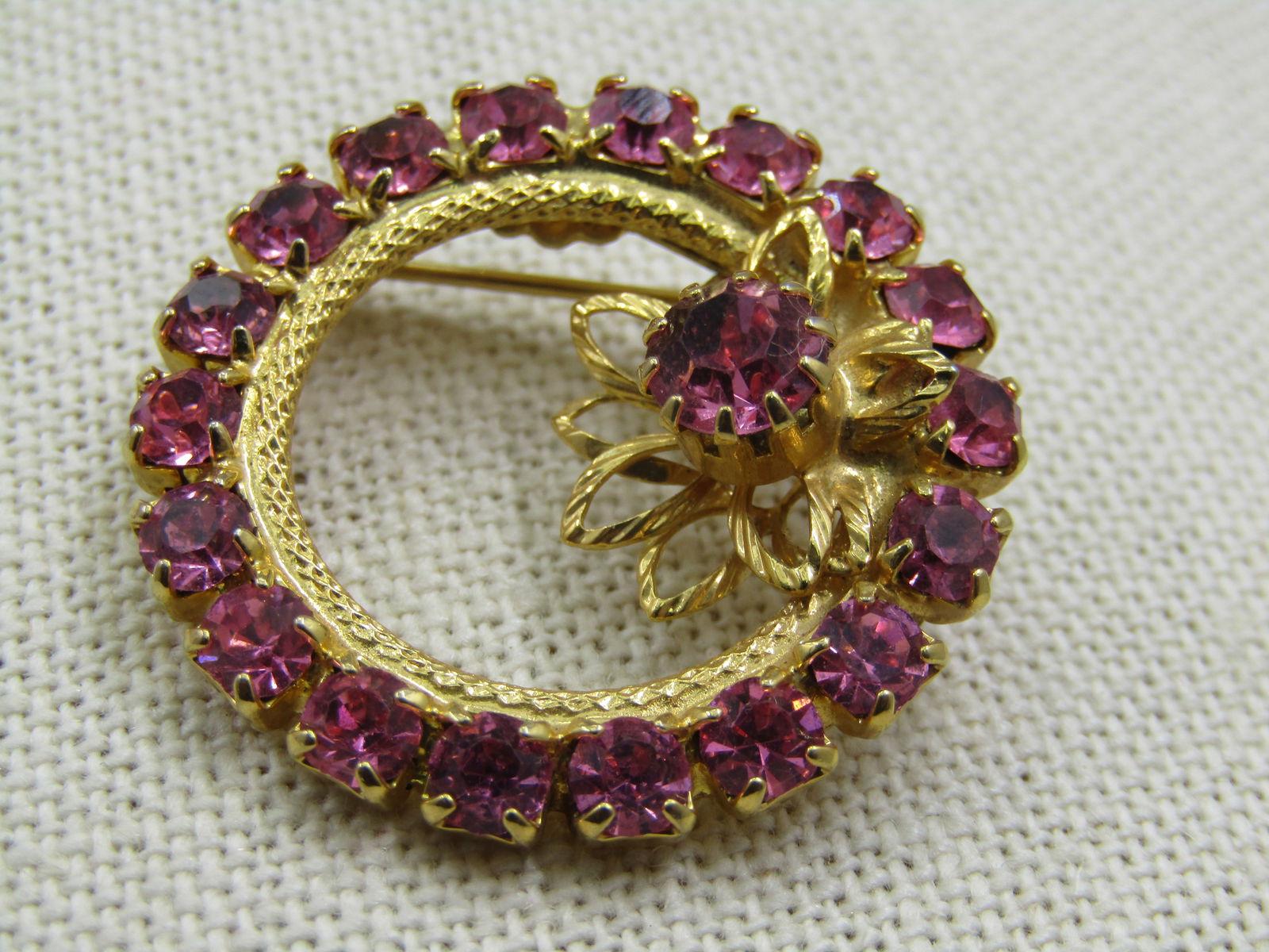 Vintage Pink Rhnestone Circle Brooch, 1970's, 1.25" - 3