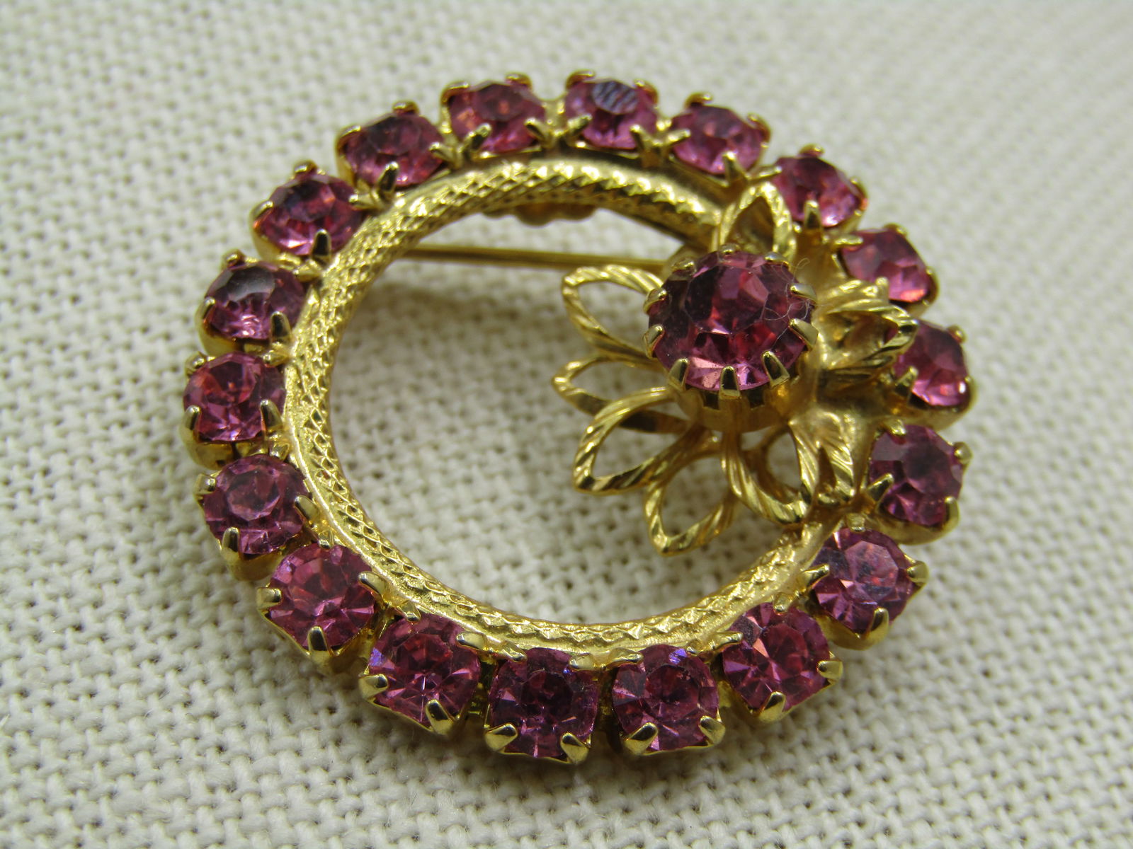 Vintage Pink Rhnestone Circle Brooch, 1970's, 1.25" - 4
