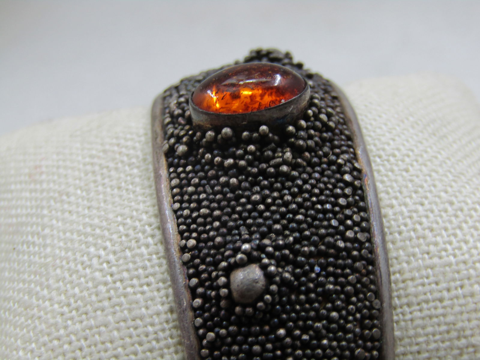 Vintage Sterling Amber Modernist Heavy Microbeaded Cuff Bracelet, 6.75" - 2