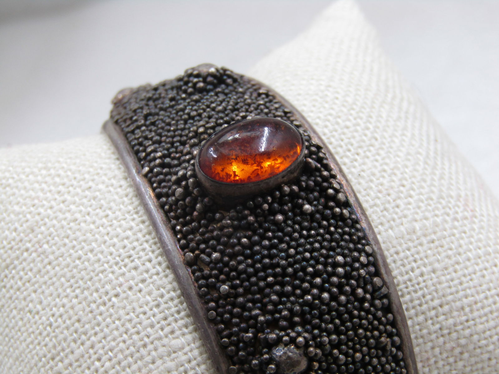 Vintage Sterling Amber Modernist Heavy Microbeaded Cuff Bracelet, 6.75" - 3