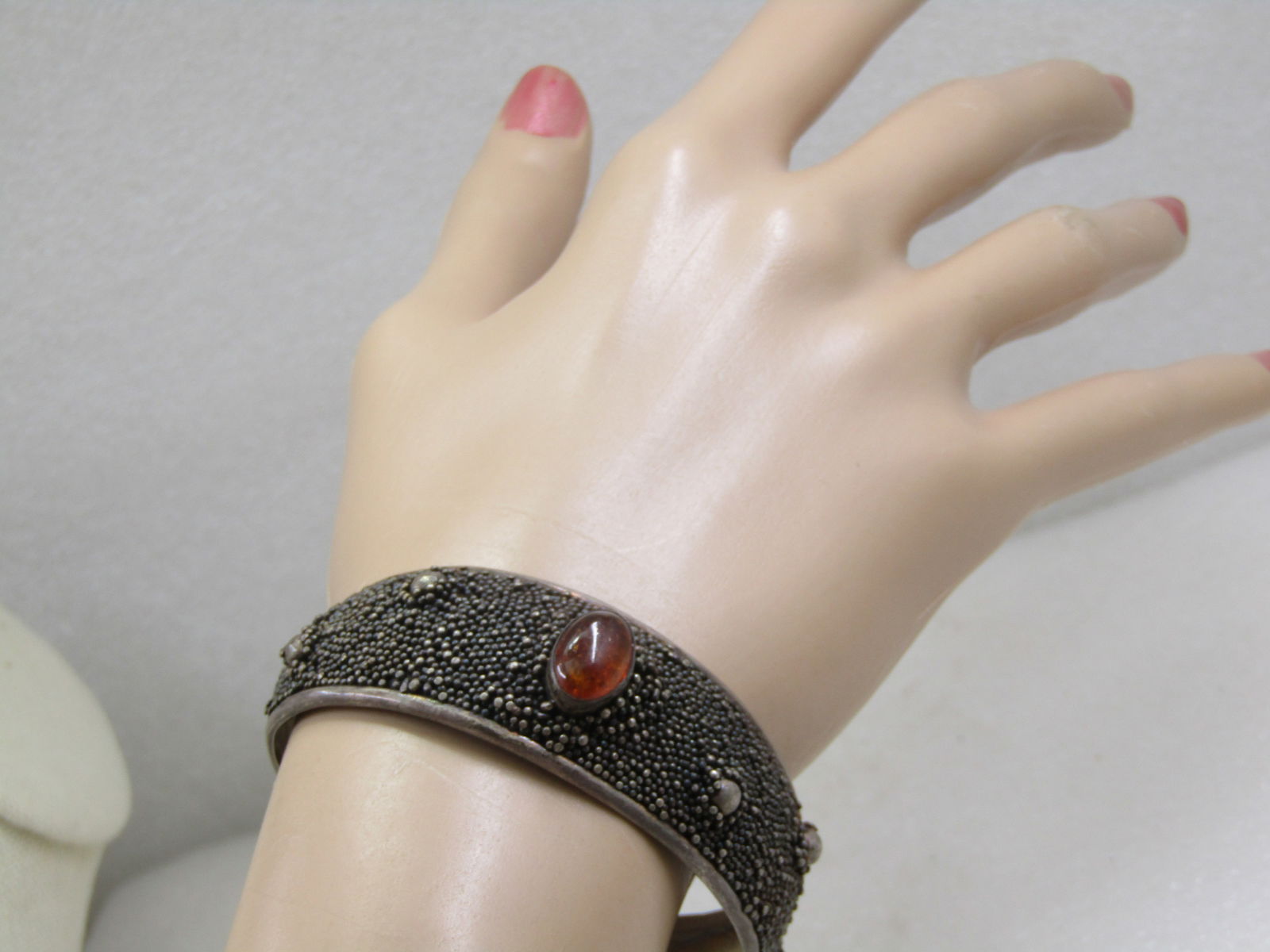 Vintage Sterling Amber Modernist Heavy Microbeaded Cuff Bracelet, 6.75" - 7