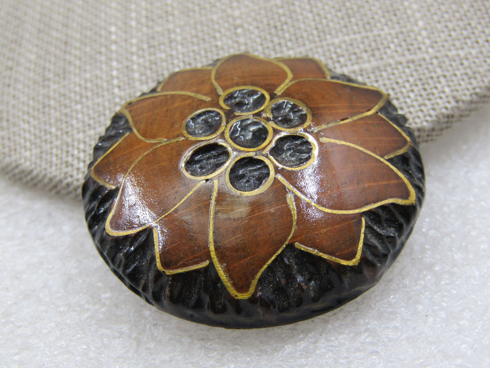 Vintage Inlaid Carved Wood Blossom Brooch , Mid-Century, 1.5" - 2