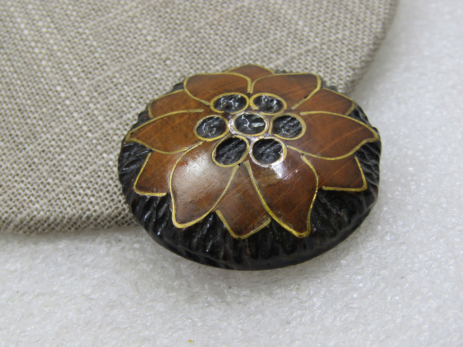 Vintage Inlaid Carved Wood Blossom Brooch , Mid-Century, 1.5" - 3