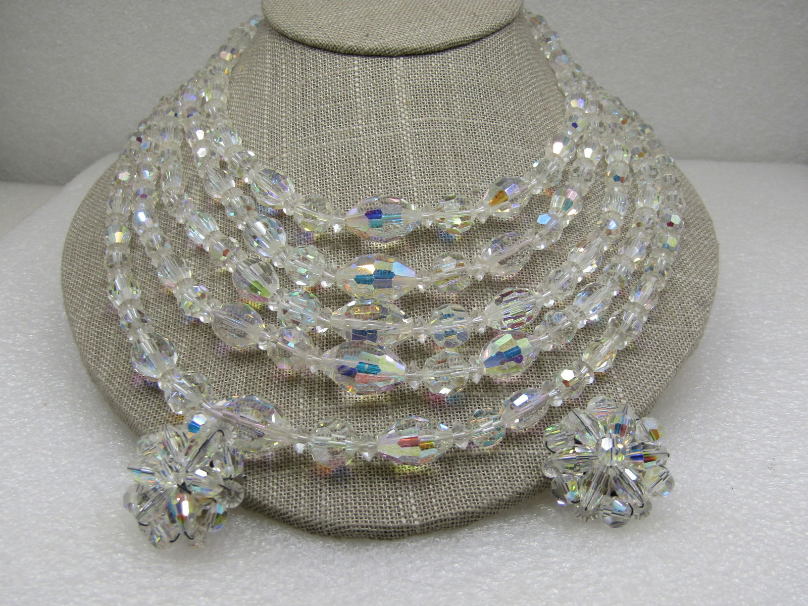 Vintage Five Strand Aurora Borealis Crystal Necklace & Earrings, Clip (1 of 7)