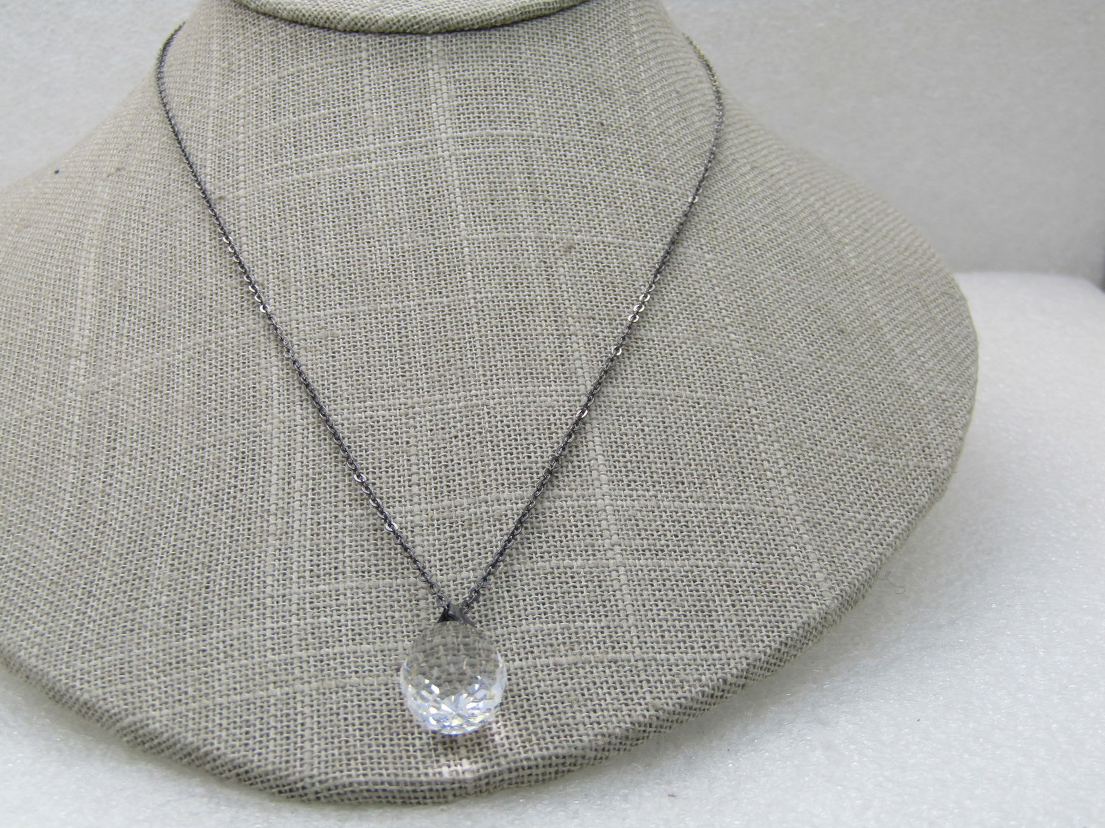 Vintage Faceted Crystal Drop Necklace, 18", 3/4" Drop Pendant - 2
