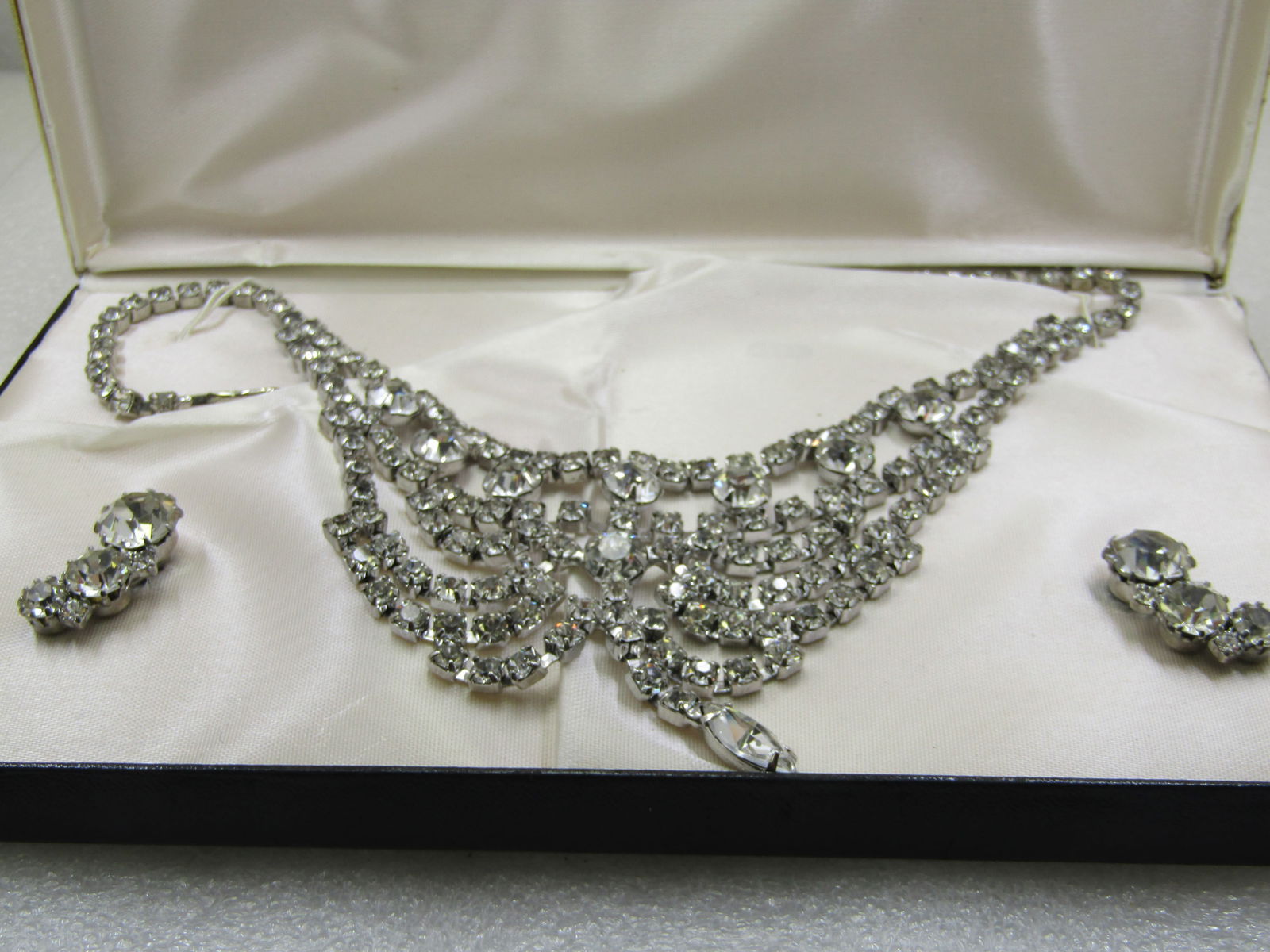 Vintage Rhinestone Bib Necklace & Earrings Art Deco Themed Set in Box - 5