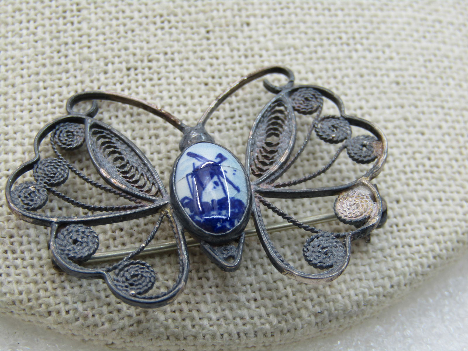 Vintage .835 Silver Delft Butterfly Brooch, Filigree, Mid-Century - 2