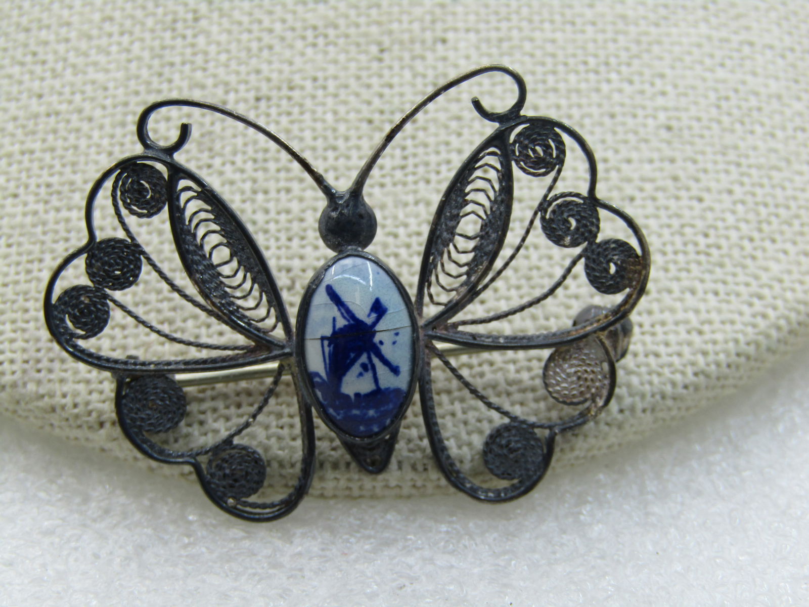 Vintage .835 Silver Delft Butterfly Brooch, Filigree, Mid-Century - 3