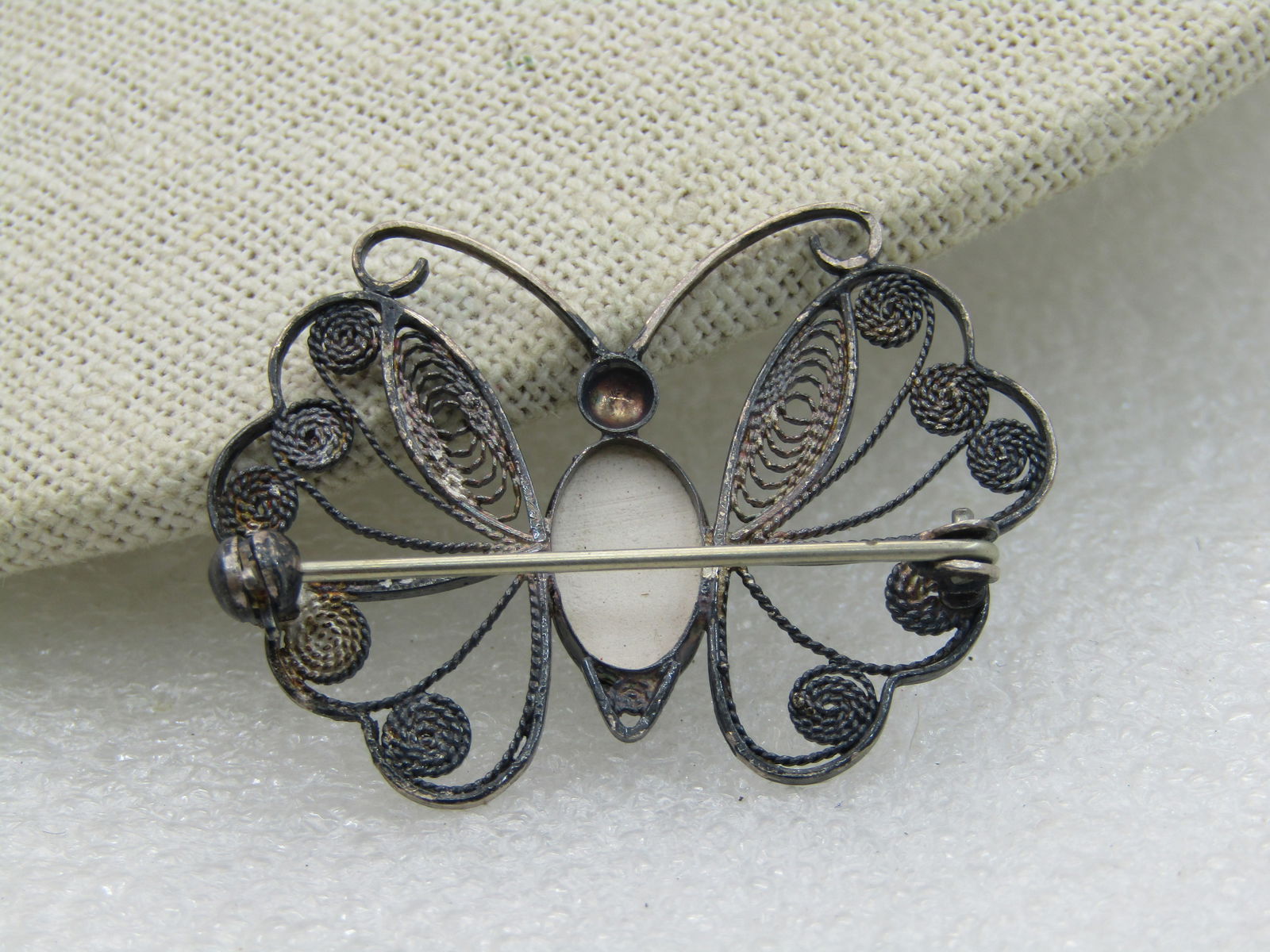 Vintage .835 Silver Delft Butterfly Brooch, Filigree, Mid-Century - 5
