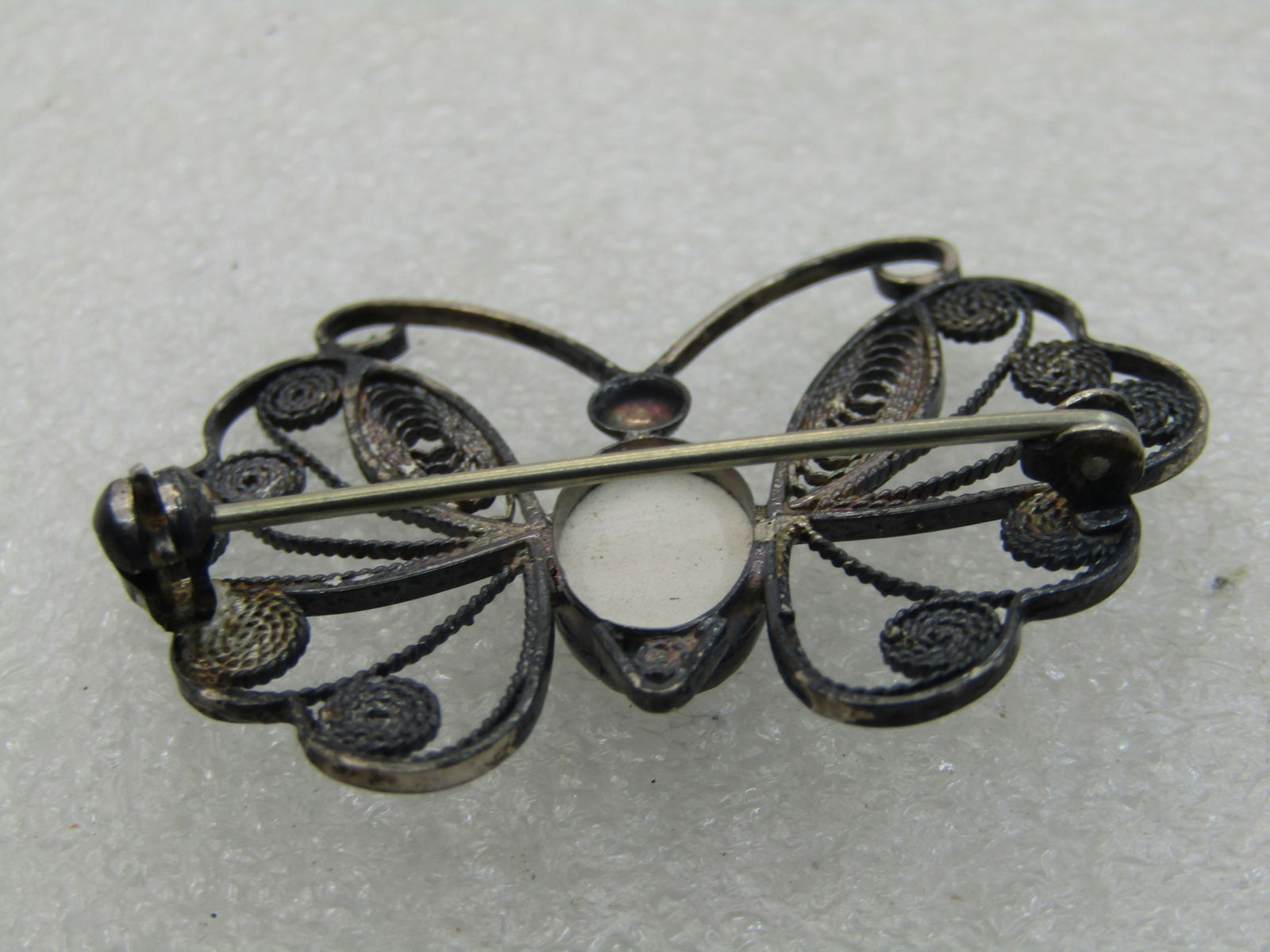 Vintage .835 Silver Delft Butterfly Brooch, Filigree, Mid-Century - 6