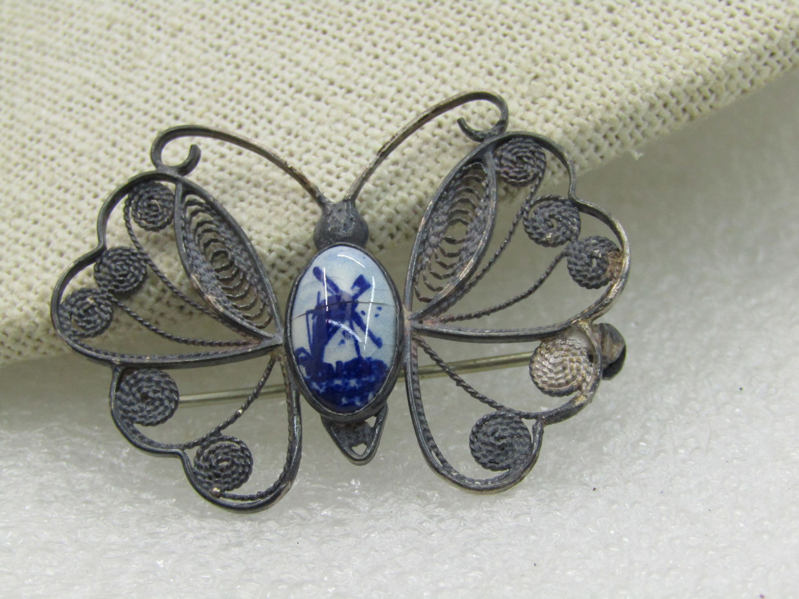 Vintage .835 Silver Delft Butterfly Brooch, Filigree, Mid-Century - 7
