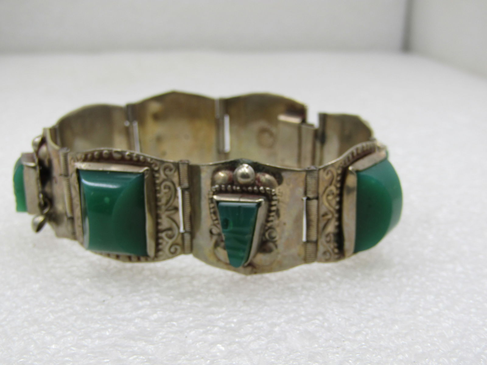 Vintage Alpaca Mexican Carved Green Bracelet, 7.25" Mask Tiles - 2