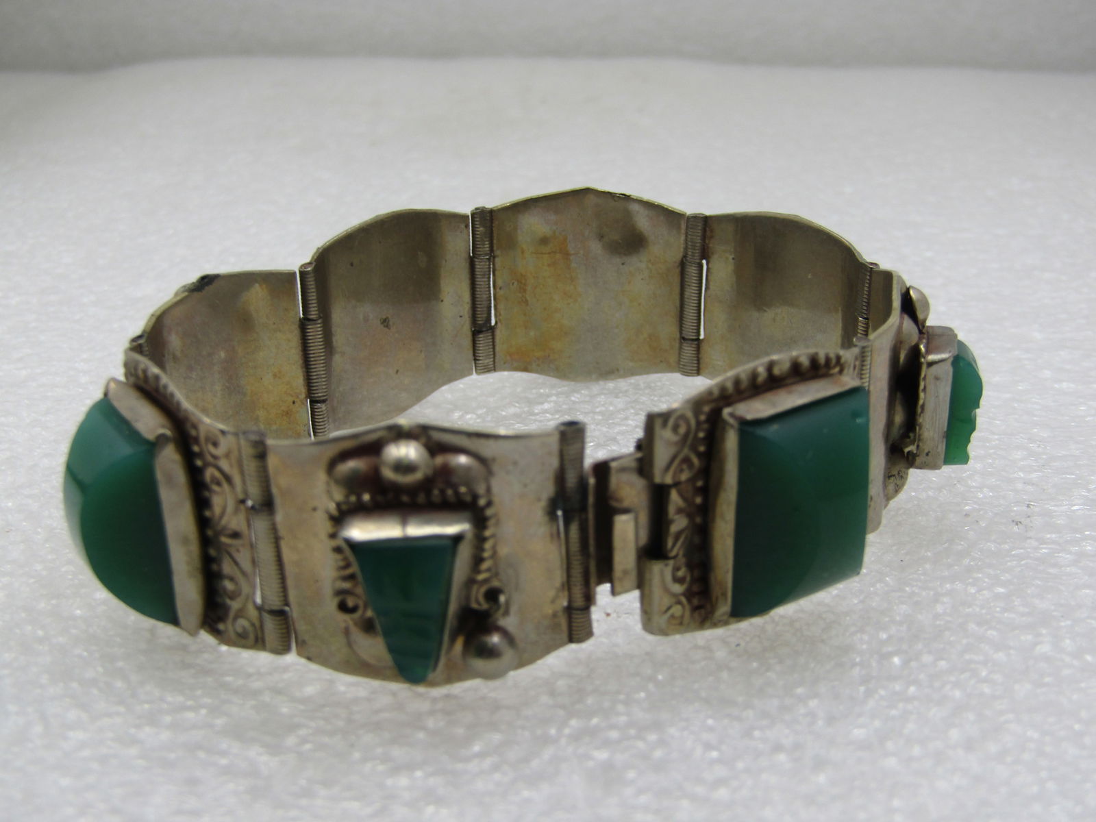 Vintage Alpaca Mexican Carved Green Bracelet, 7.25" Mask Tiles - 3