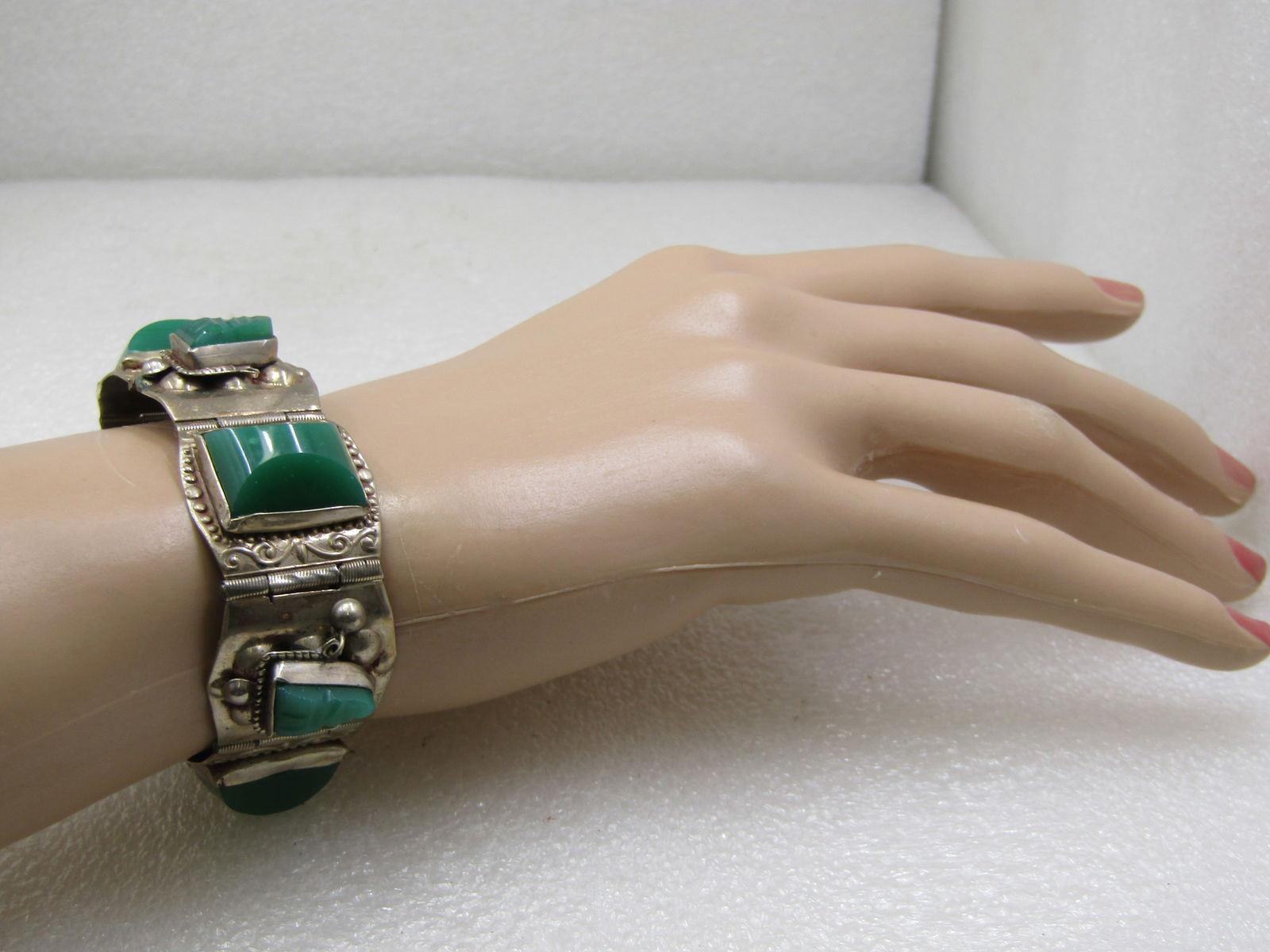 Vintage Alpaca Mexican Carved Green Bracelet, 7.25" Mask Tiles - 7