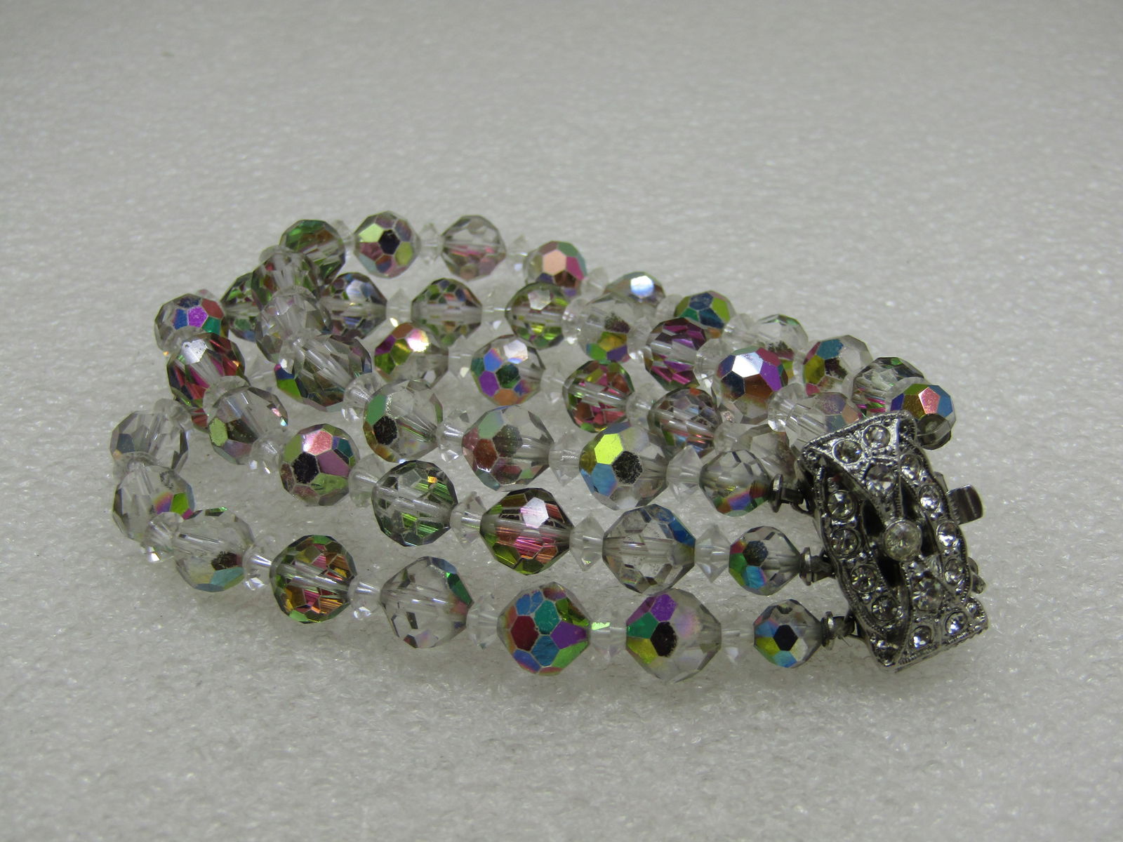 Vintage Aurora Borealis Crystal Bracelet, Triple Strand, 7.5" (1 of 8)