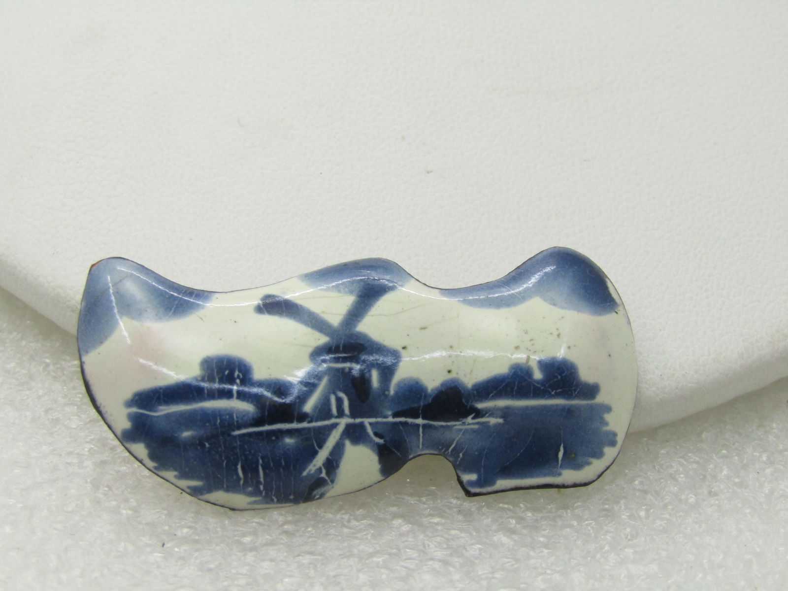 Vintage Enameled Windmill Dutch Shoe Brooch Over Brass, 1.75", Mid-Century: Vintage Enameled Windmill Dutch Shoe Brooch Over Brass, 1.75", Mid-Century and 3/4" tall. Domed brass with blue and white enameling. C-Clasp Pin - very good condition for being at least 70 years old w