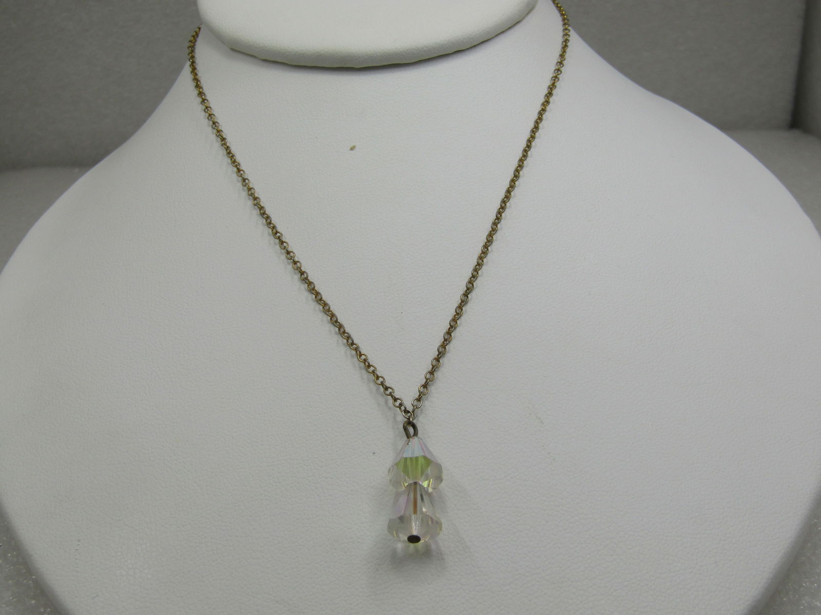 Vintage Aurora Borealis Crystal Drop Necklace, 15", Gold Tone - 2