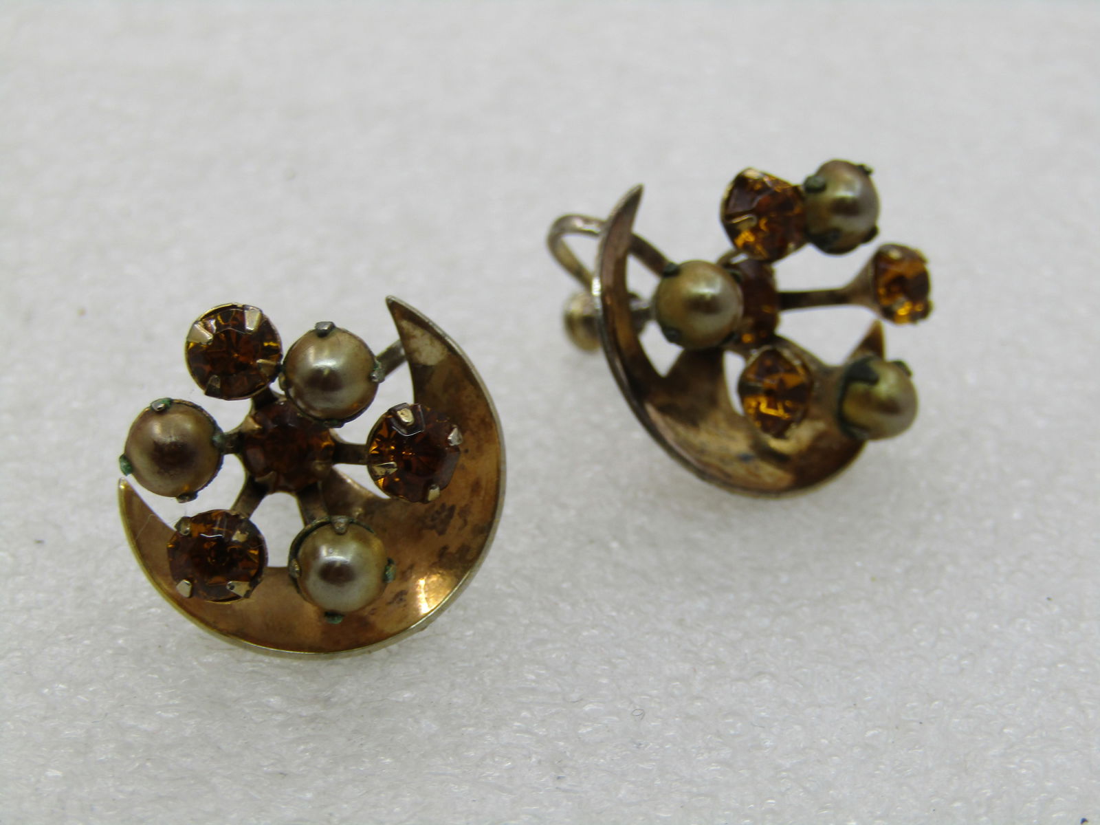 Vintage Sterling Rhinestone Crescent Earrings, Screw Back, 1950's-1960's - 2