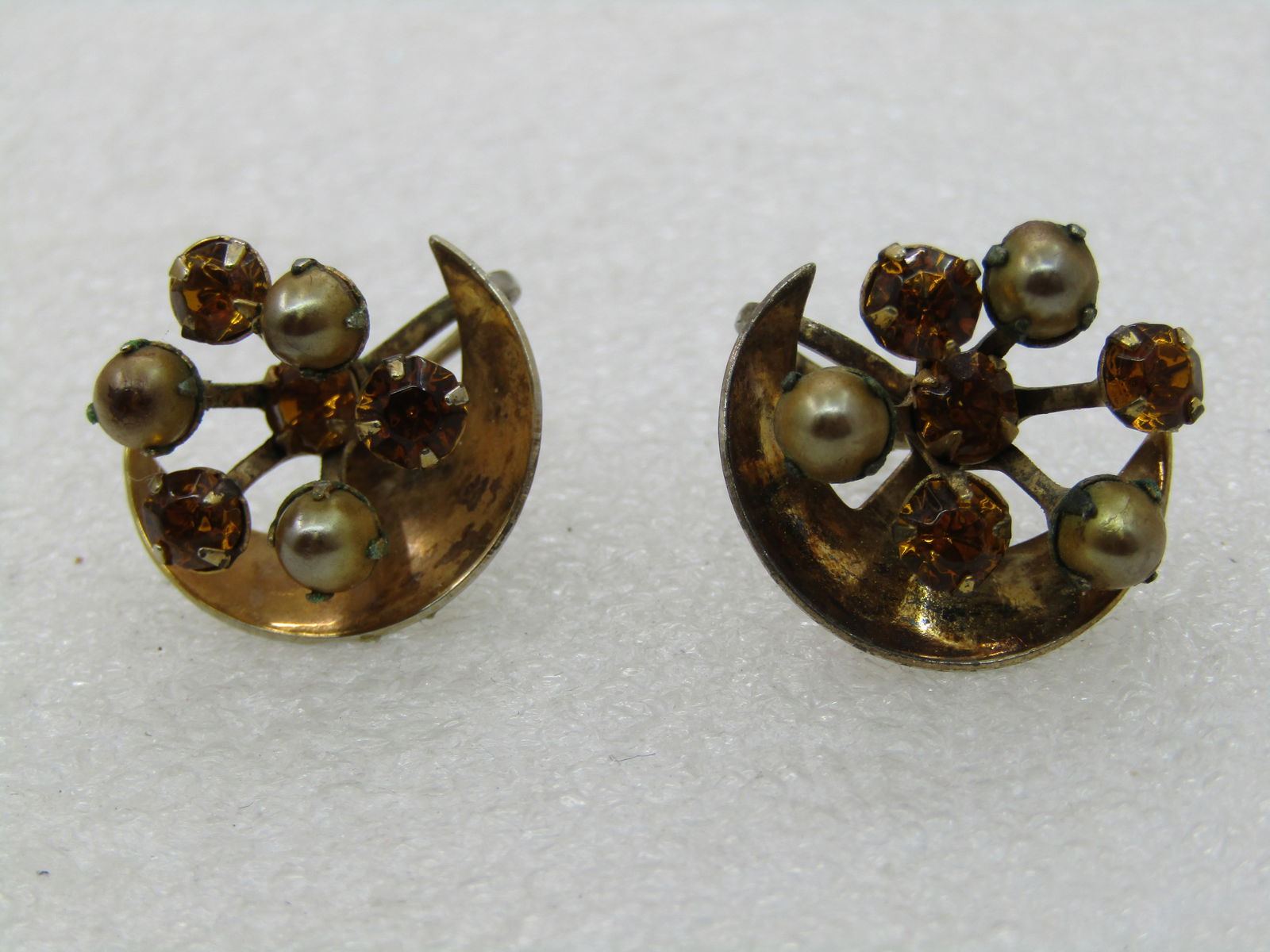 Vintage Sterling Rhinestone Crescent Earrings, Screw Back, 1950's-1960's - 3