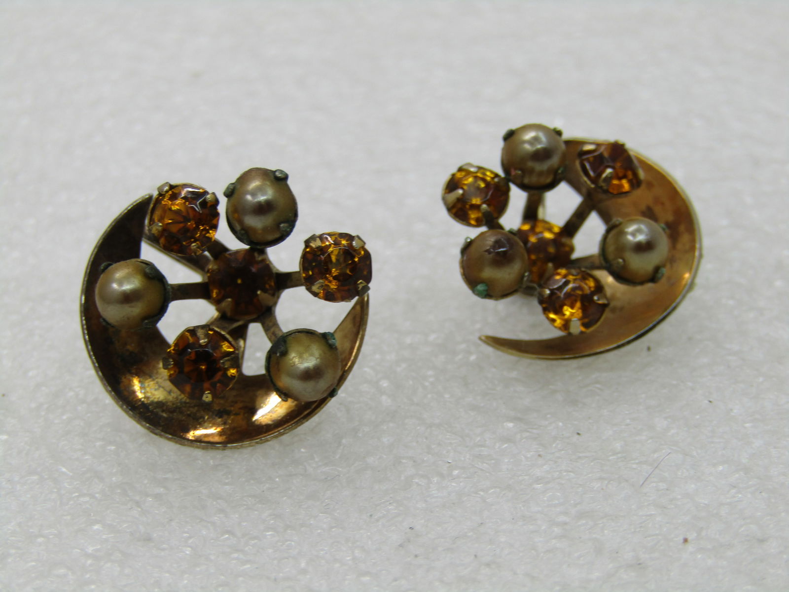 Vintage Sterling Rhinestone Crescent Earrings, Screw Back, 1950's-1960's - 5