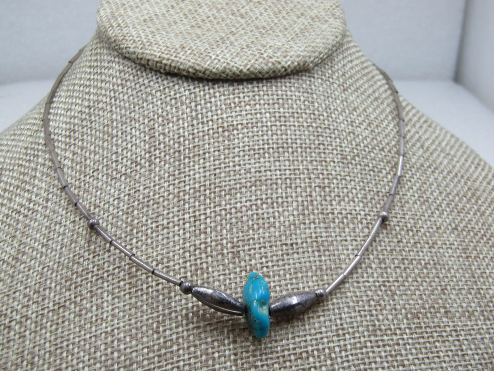 Vintage Sterling Southwestern Beaded Turquoise Necklace, 16" - 3