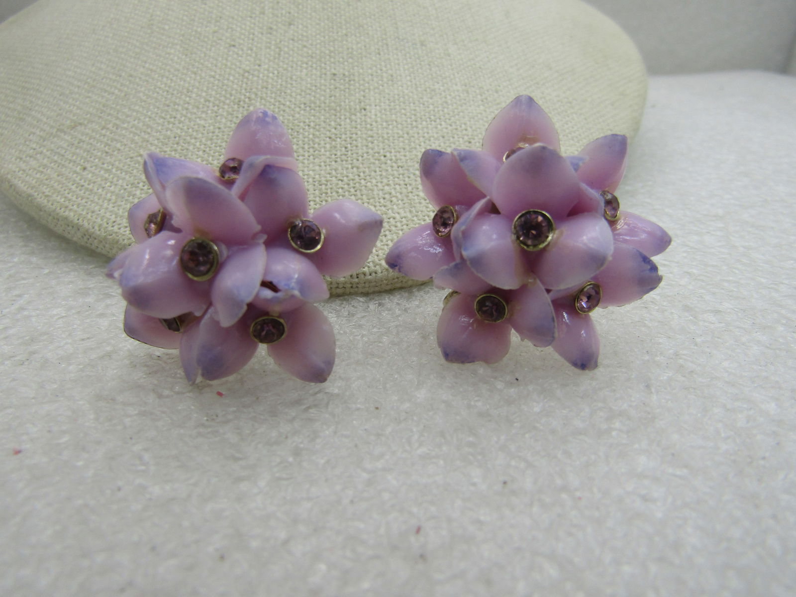 Vintage Lilac Blossom Screw Back Earrings, Rhinestones, Mid-Century: Vintage Lilac Blossom Screw Back Earrings, Rhinestones, Mid-Century, 1.25"gold tone setting. Very good condition. Not signed by the maker. 1950's-1960's, bezel-set rhinestones in each center with
