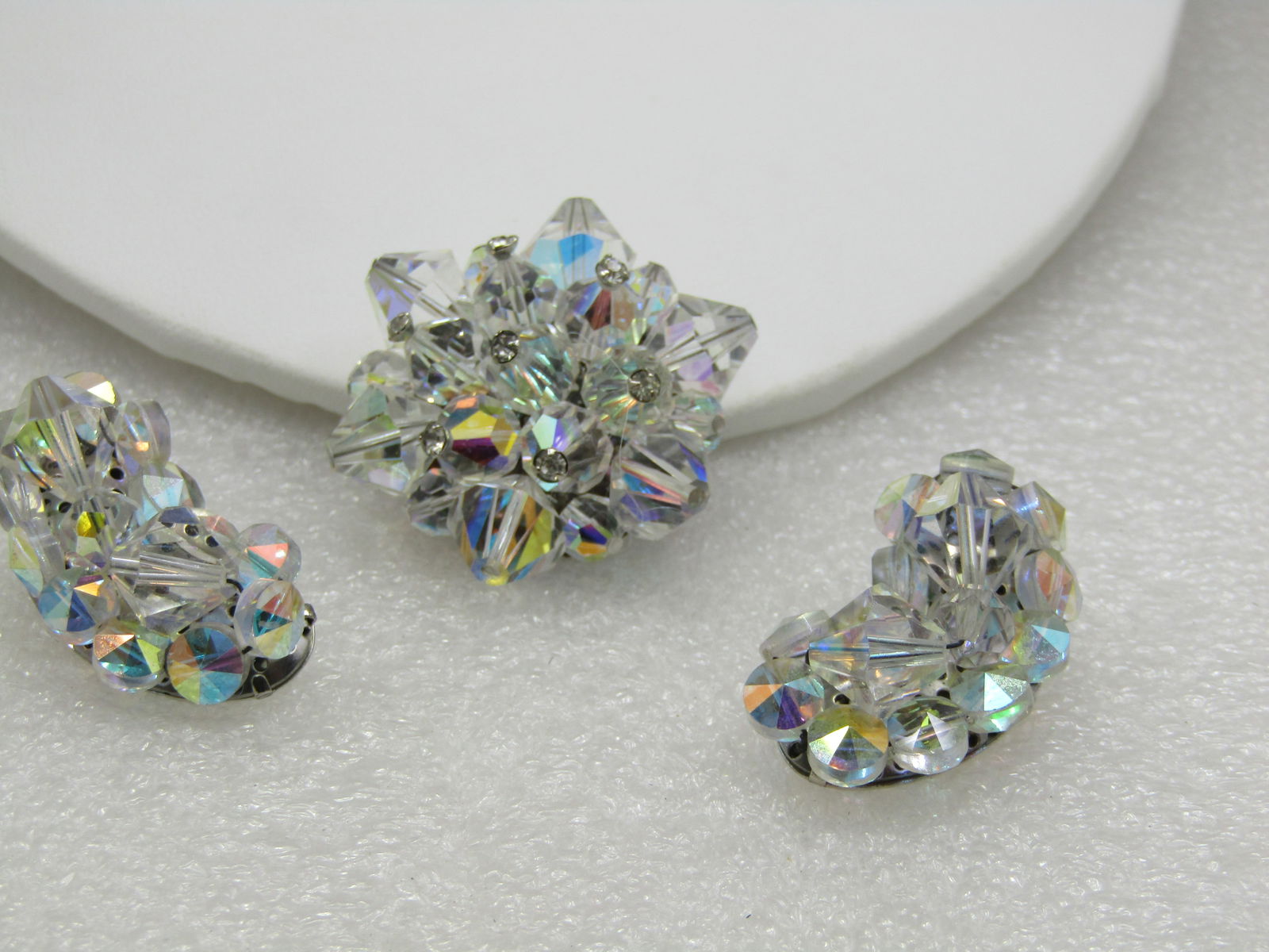 Vintage Crystal Aurora Borealis Brooch & Earrings, Mid-Century (1 of 4)