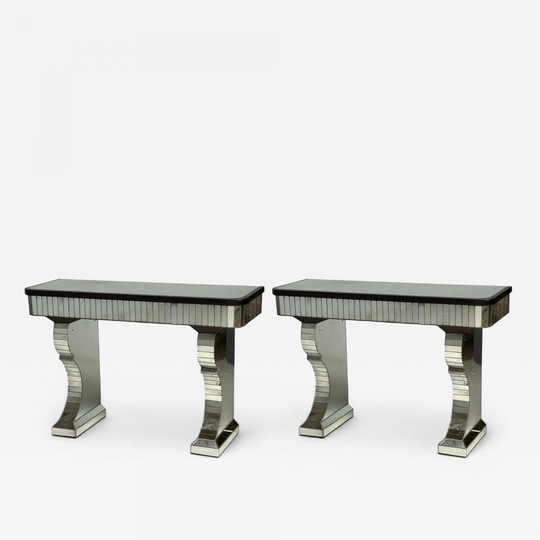 Serge Roche Style, Distressed Glass, Painted Wood, Mirrored Console Tables - 2