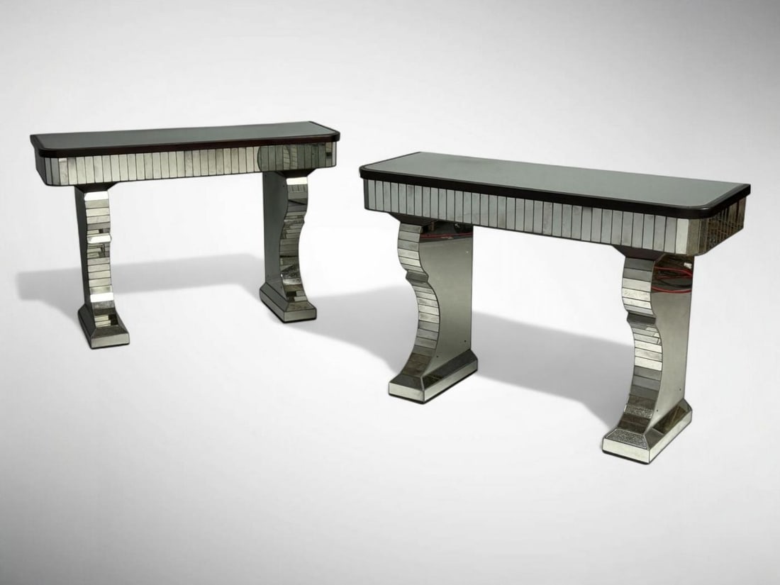 Serge Roche Style, Distressed Glass, Painted Wood, Mirrored Console Tables - 3