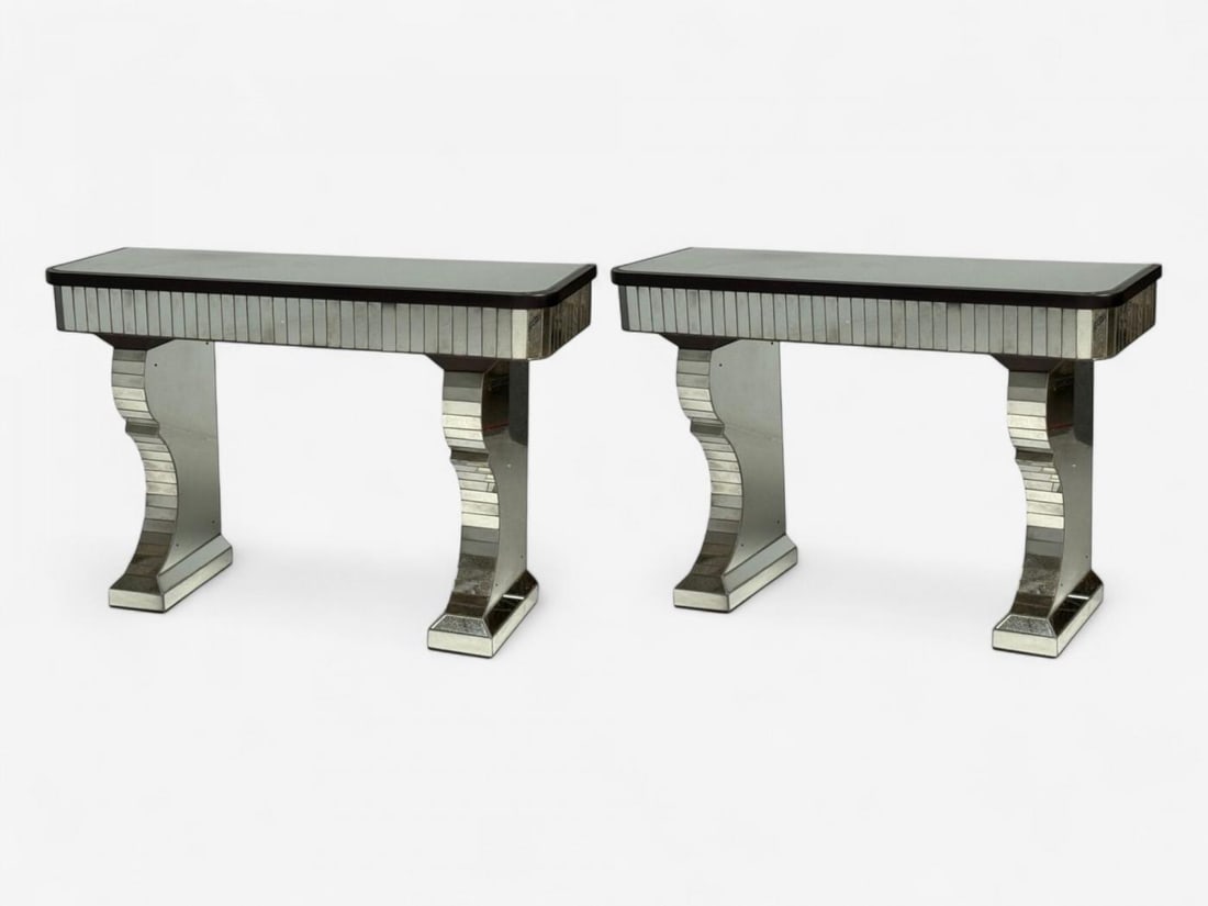 Serge Roche Style, Distressed Glass, Painted Wood, Mirrored Console Tables - 4