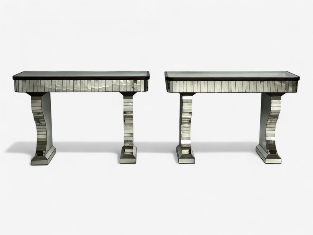 Serge Roche Style, Distressed Glass, Painted Wood, Mirrored Console Tables - 5