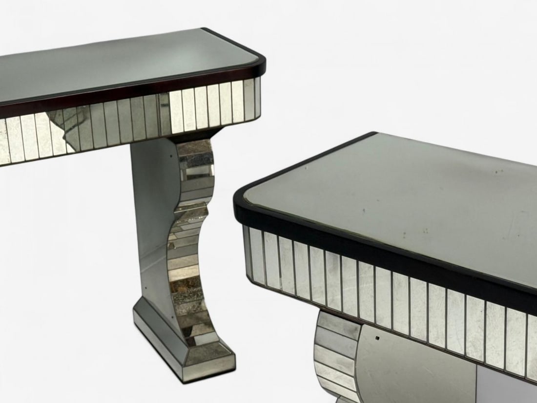 Serge Roche Style, Distressed Glass, Painted Wood, Mirrored Console Tables - 8